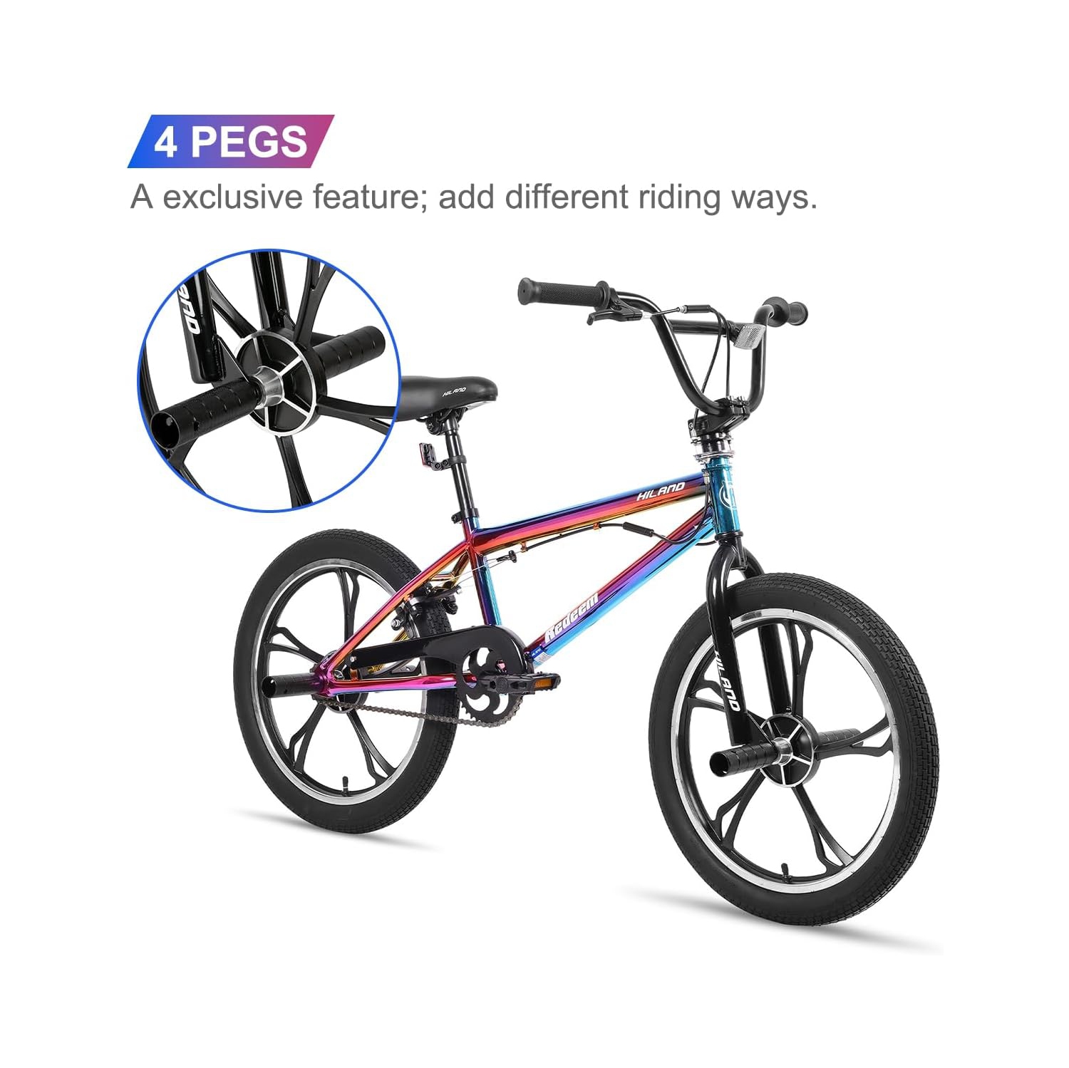 Hiland Redeem 3.0 20 Inch Kids BMX Bike for Boys Girls Ages 7-12, 360 Degree Rotor Freestyle, 4 Pegs 5 Spokes Mag Wheels BMX Bicycle Oil Slick