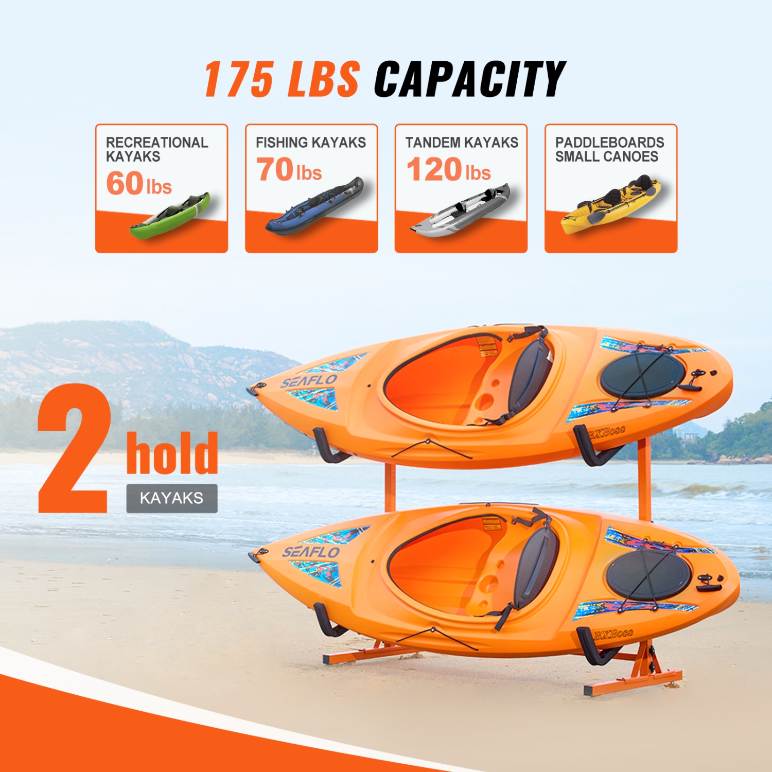 Charge maximale de 175 lb de VEVOR, support de rangement autonome pour kayak, support pour kayak de 2 canoës, porte-kayak en acier robuste avec