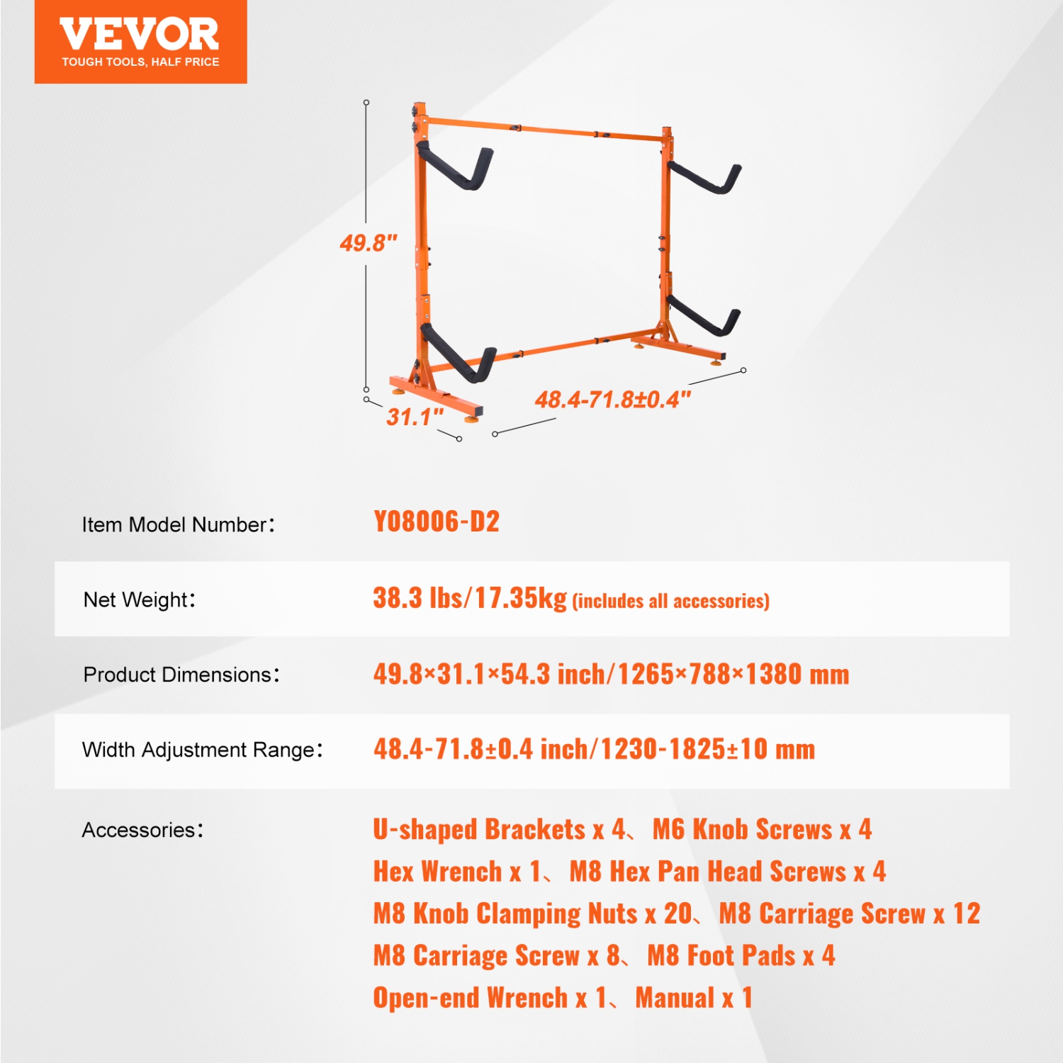 Charge maximale de 175 lb de VEVOR, support de rangement autonome pour kayak, support pour kayak de 2 canoës, porte-kayak en acier robuste avec