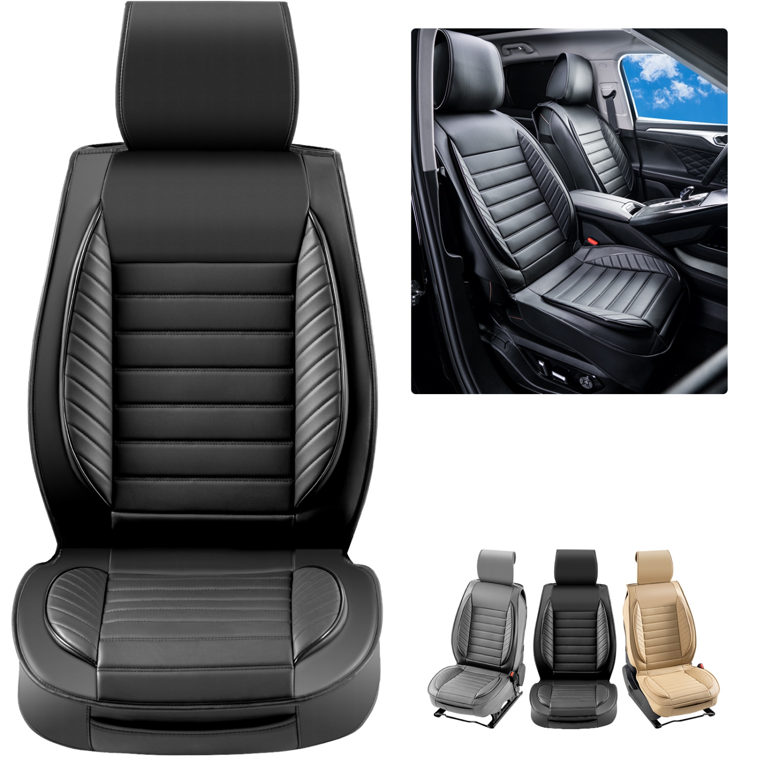 VEVOR Seat Covers, Universal Car Seat Covers Front Seats, 2pcs Faux Leather Seat Cover, Semi-enclosed Design, Detachable Headrest and Airbag