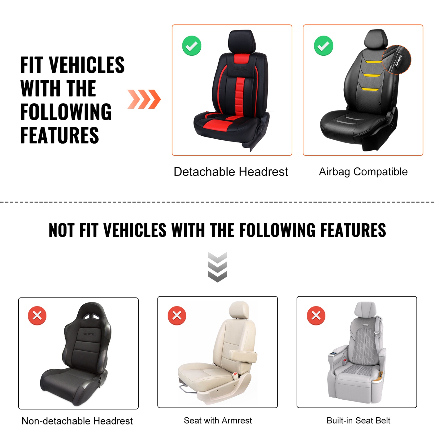 VEVOR Seat Covers, Universal Car Seat Covers Front Seats, 2pcs Faux Leather Seat Cover, Semi-enclosed Design, Detachable Headrest and Airbag