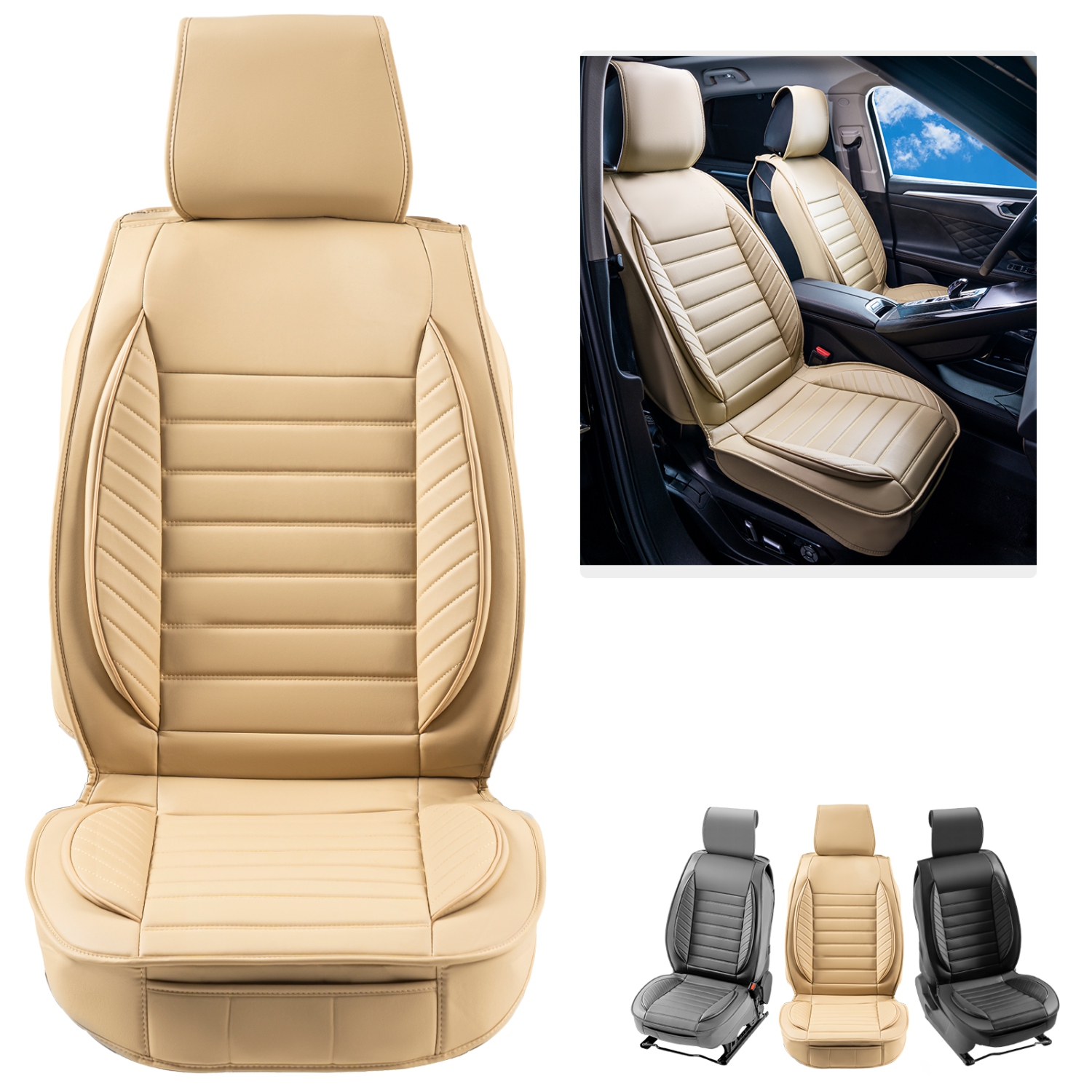 VEVOR Seat Covers, Universal Car Seat Covers Front Seats, 2pcs Faux Leather Seat Cover, Semi-enclosed Design, Detachable Headrest and Airbag
