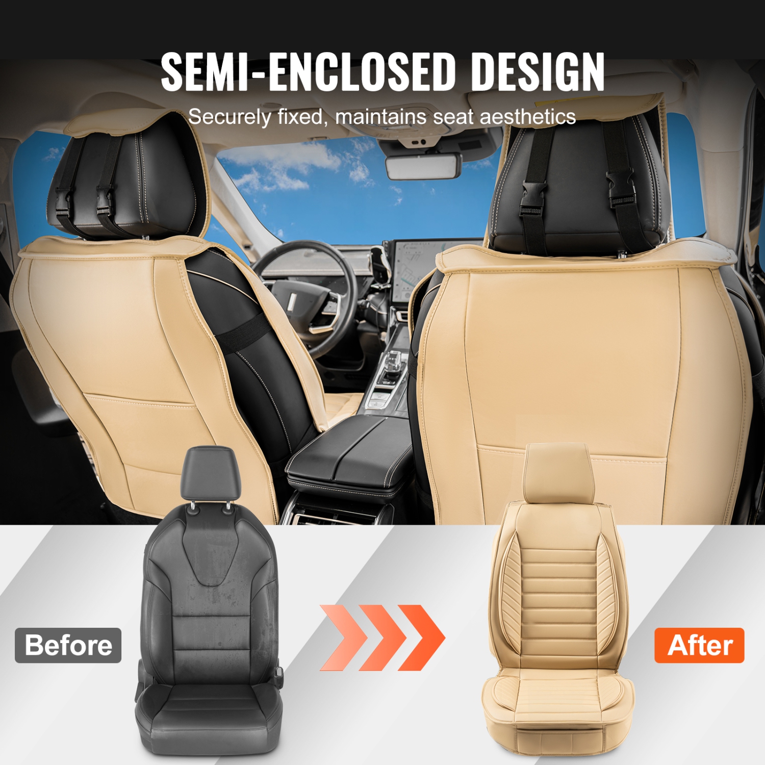 VEVOR Seat Covers, Universal Car Seat Covers Front Seats, 2pcs Faux Leather Seat Cover, Semi-enclosed Design, Detachable Headrest and Airbag
