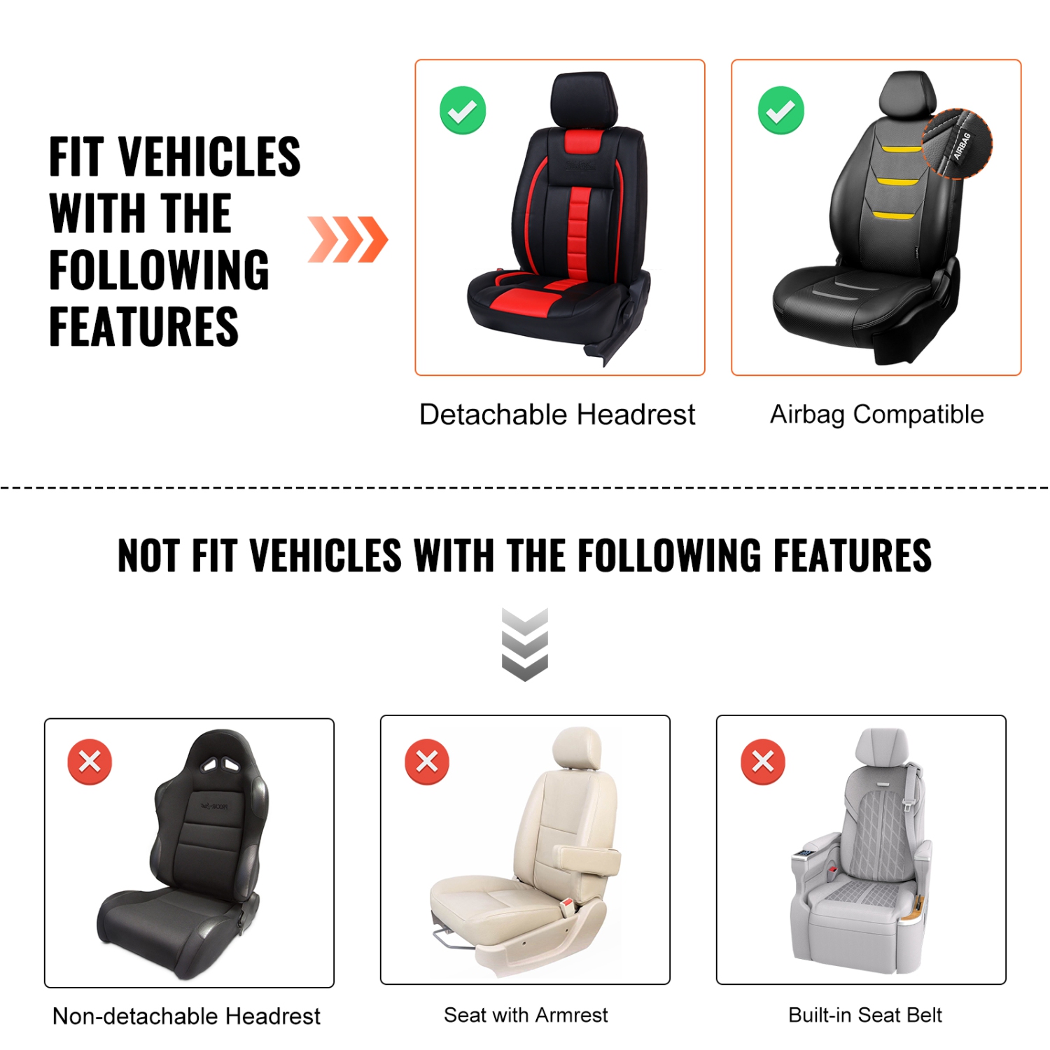 VEVOR Seat Covers, Universal Car Seat Covers Front Seats, 2pcs Faux Leather Seat Cover, Semi-enclosed Design, Detachable Headrest and Airbag