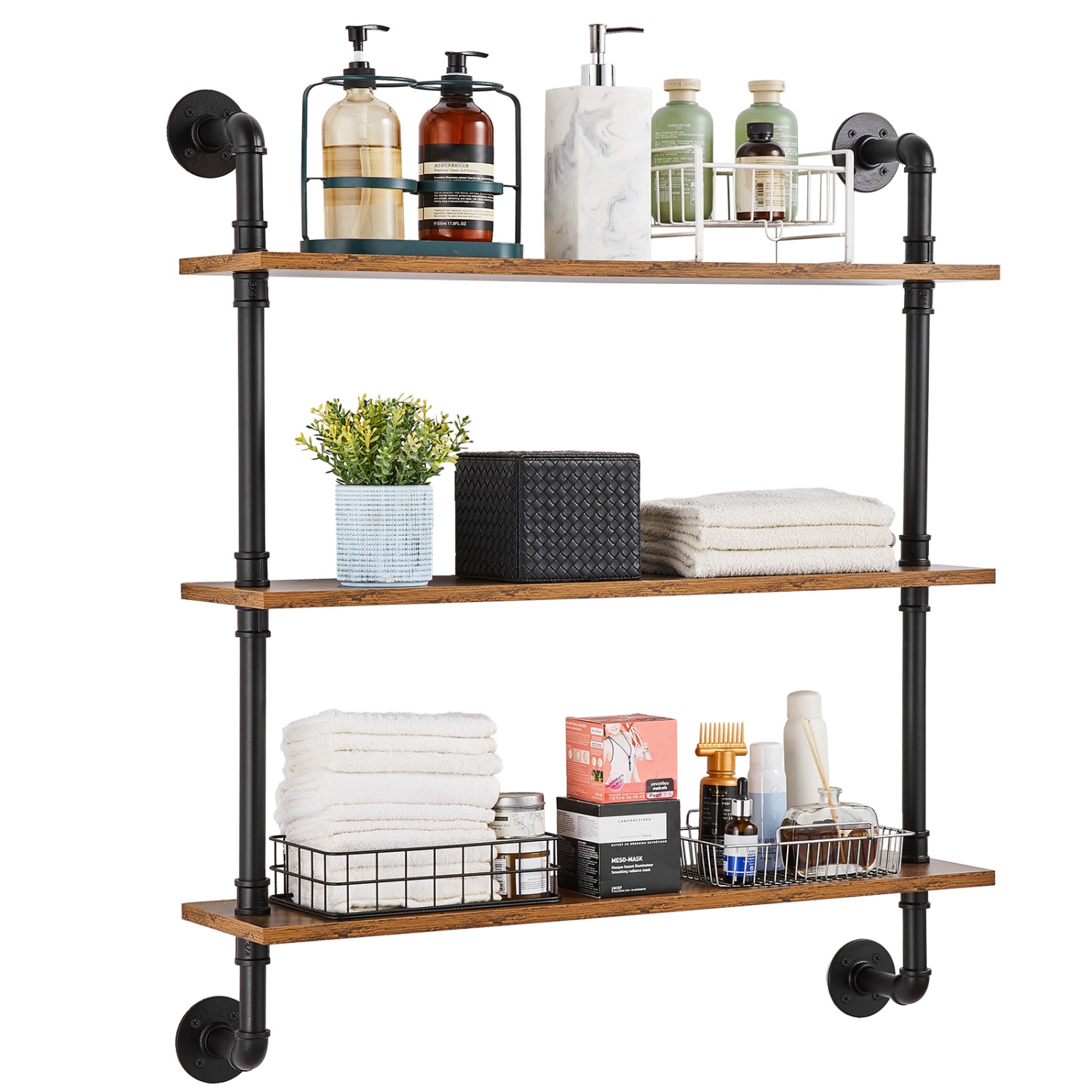 VEVOR 32x7.87in Industrial Pipe Shelf, 3 Tier Wall-Mount Floating Rustic Wood Shelves Bracket Display Bookshelf, Storage Rack Sundries Holder for