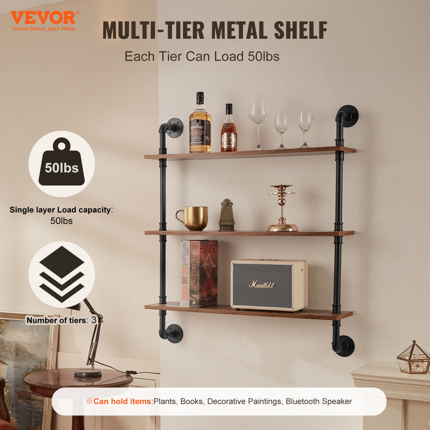 VEVOR 32x7.87in Industrial Pipe Shelf, 3 Tier Wall-Mount Floating Rustic Wood Shelves Bracket Display Bookshelf, Storage Rack Sundries Holder for