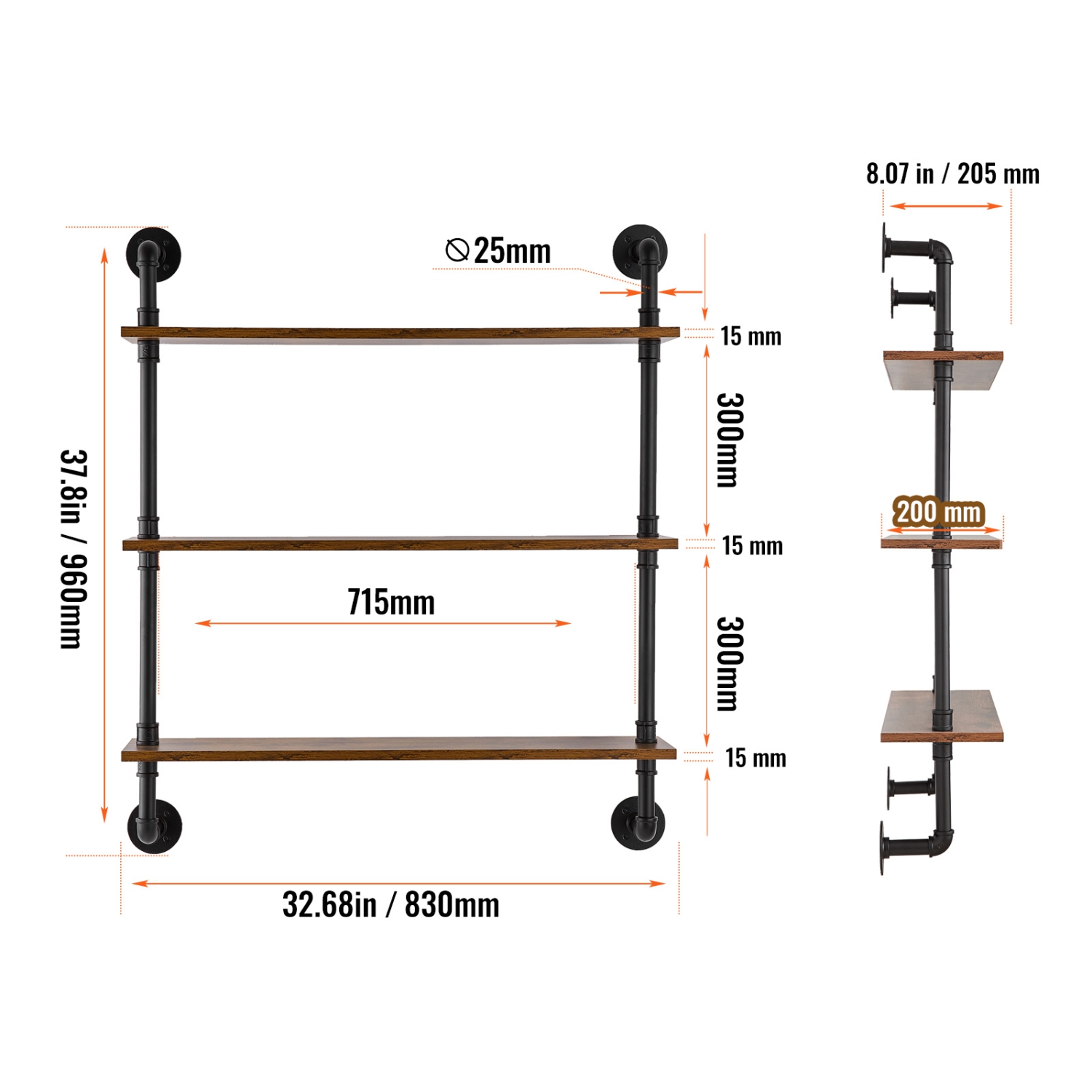 VEVOR 32x7.87in Industrial Pipe Shelf, 3 Tier Wall-Mount Floating Rustic Wood Shelves Bracket Display Bookshelf, Storage Rack Sundries Holder for