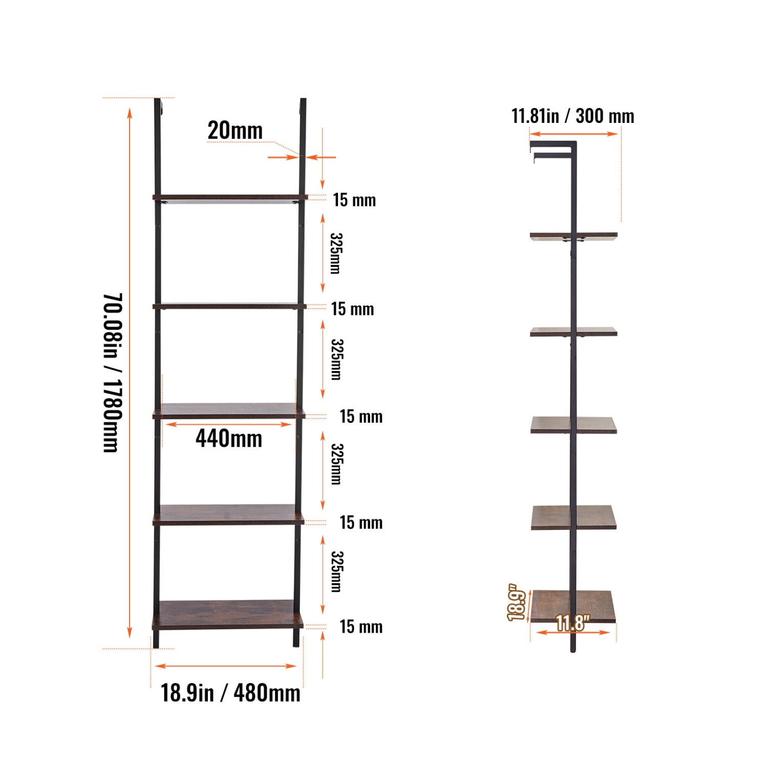 Étagère industrielle à 11,8&nbsp;po tuyau carrée VEVOR 17.3, étagère murale flottante en bois rustique à 5 niveaux Étagère de présentation