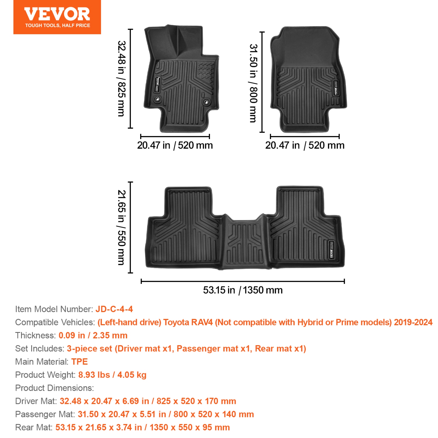 VEVOR Automotive Floor Mats, Fits for Toyota RAV4 2019-2024, 3 pcs Front and 2nd Row Liners, All Weather Custom Fit TPE Vehicle Floor Mats, for SUV,