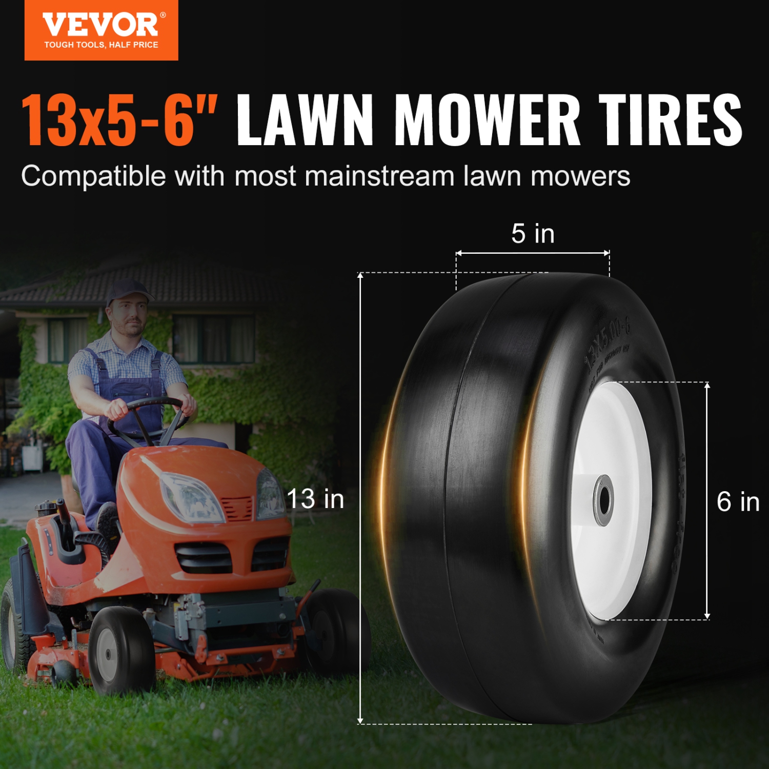 VEVOR Lawn Mower Tires with Rim, 13x5-6" Tubeless Tractor Tires, 2-Pack Tire and Wheel Assembly, Flat-free PU Tires, 3.25"-5.9" Centered Hub, 3/4"