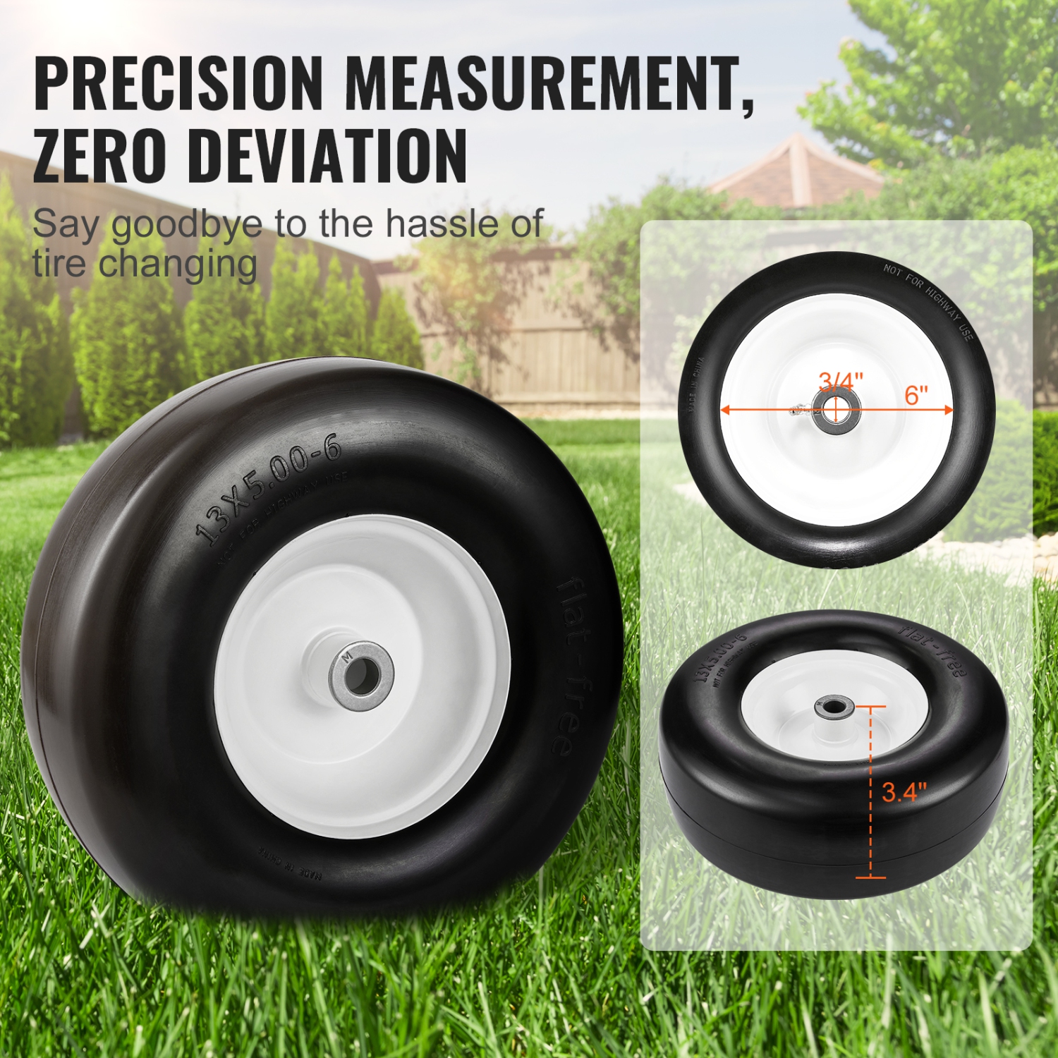 VEVOR Lawn Mower Tires with Rim, 13x5-6" Tubeless Tractor Tires, 2-Pack Tire and Wheel Assembly, Flat-free PU Tires, 3.25"-5.9" Centered Hub, 3/4"