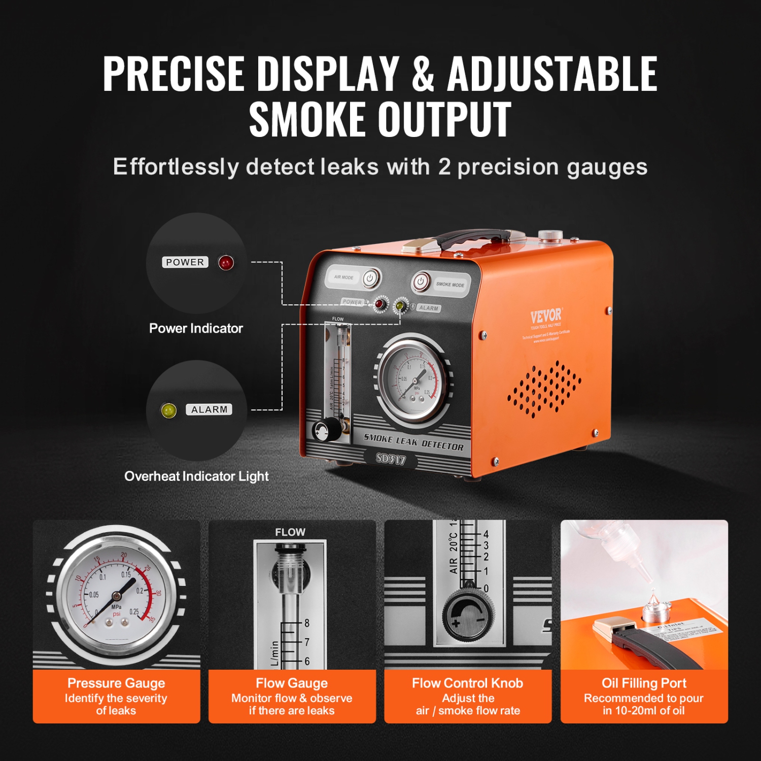 VEVOR Automotive Smoke Machine Leak Detector, EVAP Smoke Machine Leak Tester with Built-in Air Pump, Pressure Gauge&Flow Meter, Dual-Mode Diagnostic