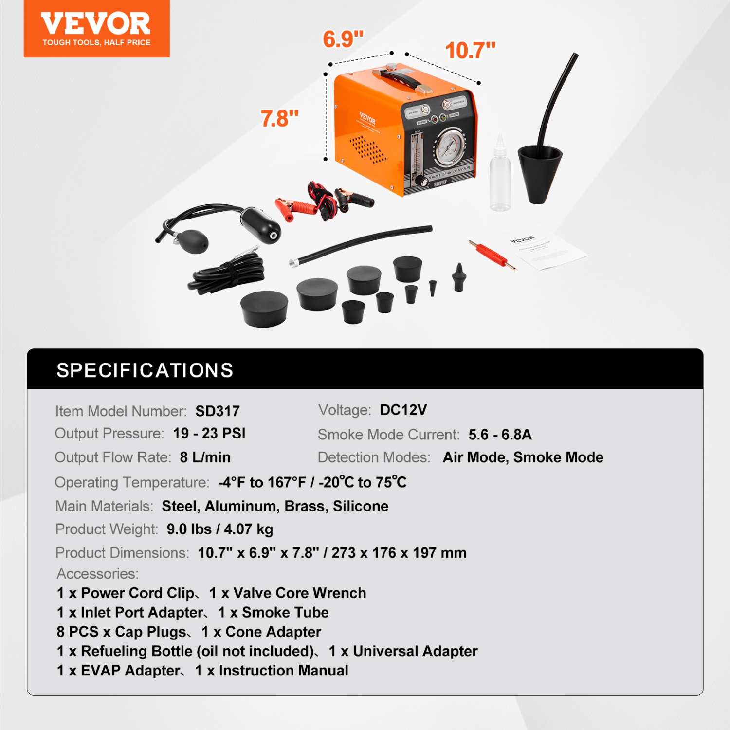 VEVOR Automotive Smoke Machine Leak Detector, EVAP Smoke Machine Leak Tester with Built-in Air Pump, Pressure Gauge&Flow Meter, Dual-Mode Diagnostic