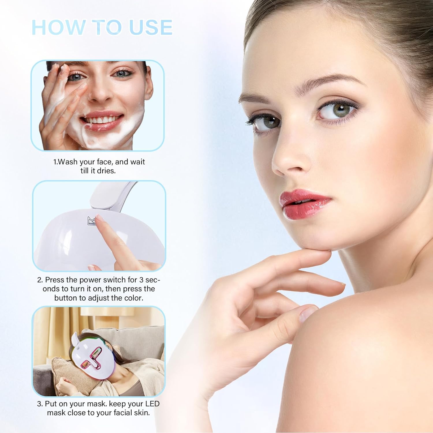 Masque de luminothérapie LED, thérapie à la lumière bleue rouge pour le visage, masque facial à DEL à 7 couleurs pour la maison