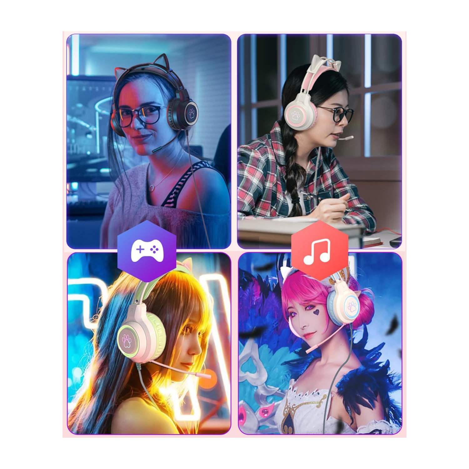 [Sweetheart Pink] LED Cat Ear Headset｜50mm Strong Magnetic Unit｜Dynamic Breathing Light｜Girl's Heart Exploding｜Girl's Birthday Gift