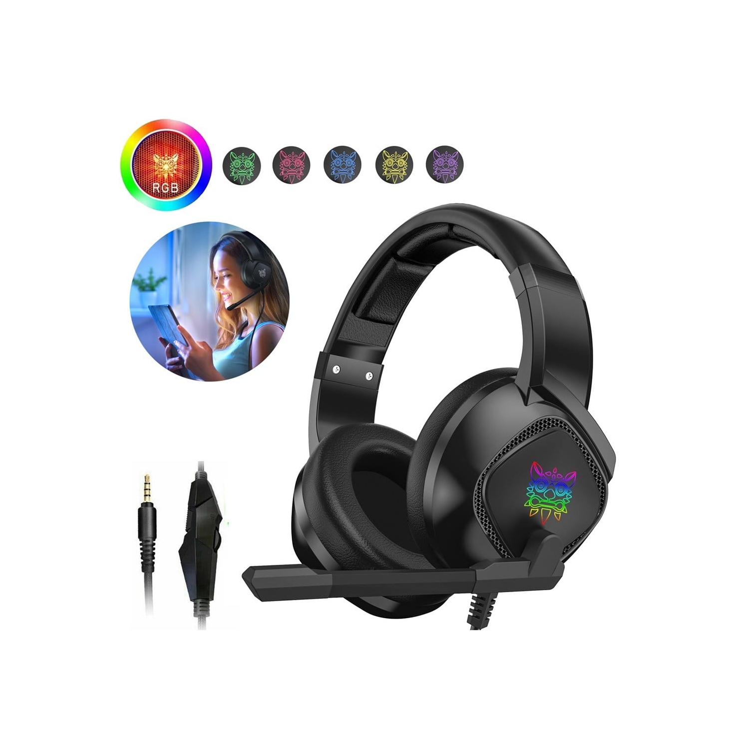 Casque de jeu professionnel, casque d'écoute avec fil LED Lights avec suppression du bruit LED et microphone réglable Excellente qualité sonore