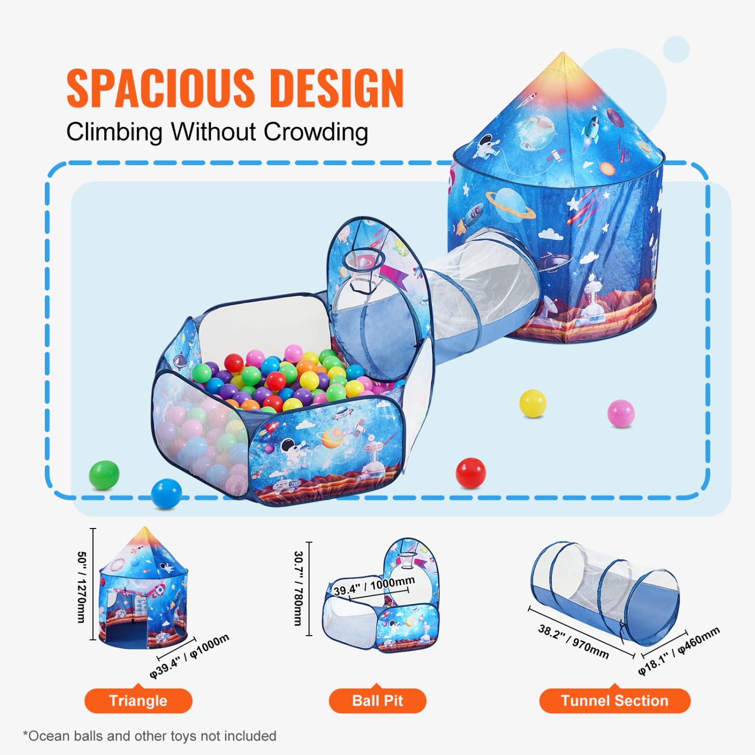 VEVOR 3 in 1 Kids Play Tent with Tunnel for Boys, Girls, Babies and Toddlers, Indoor/Outdoor Pop Up Playhouse with Carrying Bag & Banding Straps