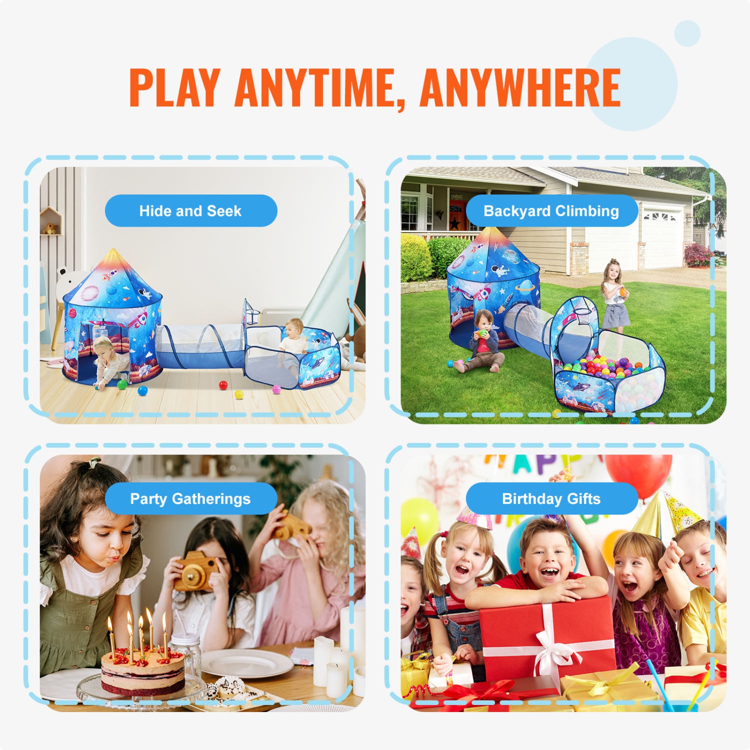 VEVOR 3 in 1 Kids Play Tent with Tunnel for Boys, Girls, Babies and Toddlers, Indoor/Outdoor Pop Up Playhouse with Carrying Bag & Banding Straps