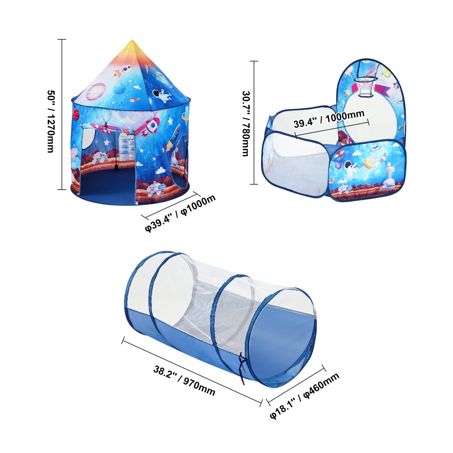 VEVOR 3 in 1 Kids Play Tent with Tunnel for Boys, Girls, Babies and Toddlers, Indoor/Outdoor Pop Up Playhouse with Carrying Bag & Banding Straps