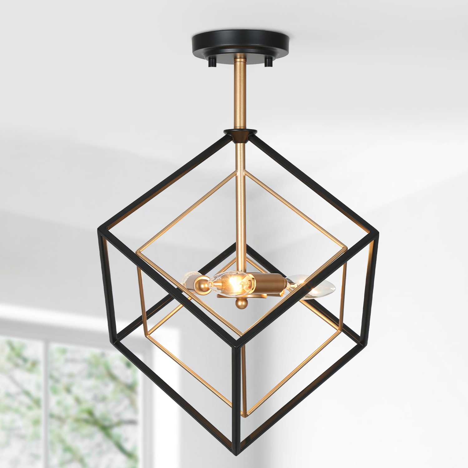 3-light black and brass cage chandelier