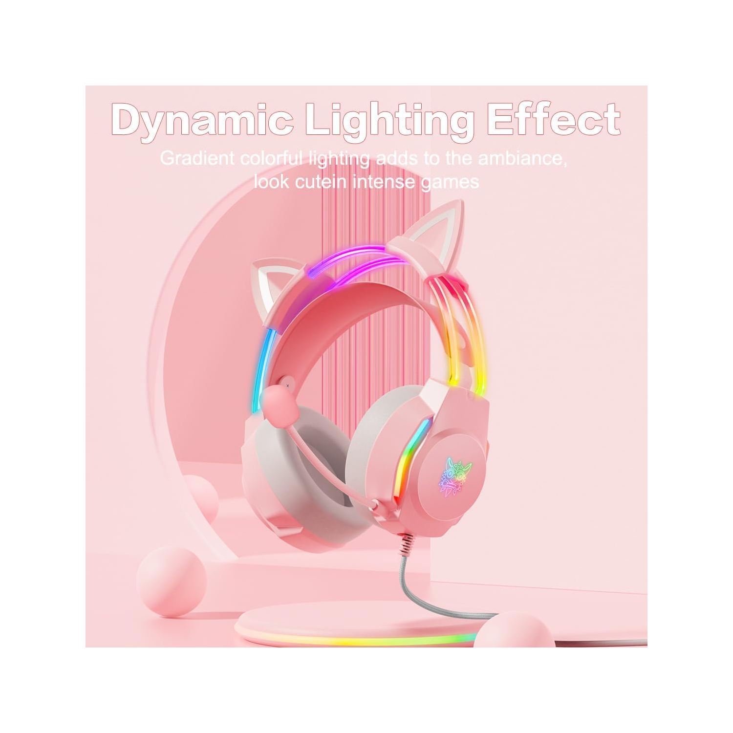 Pink Cat Ear Headphones | Dreamy Gradient RGB Lighting | Memory Foam Earmuffs + Lightweight Design | Plug and Play | Gift Choice