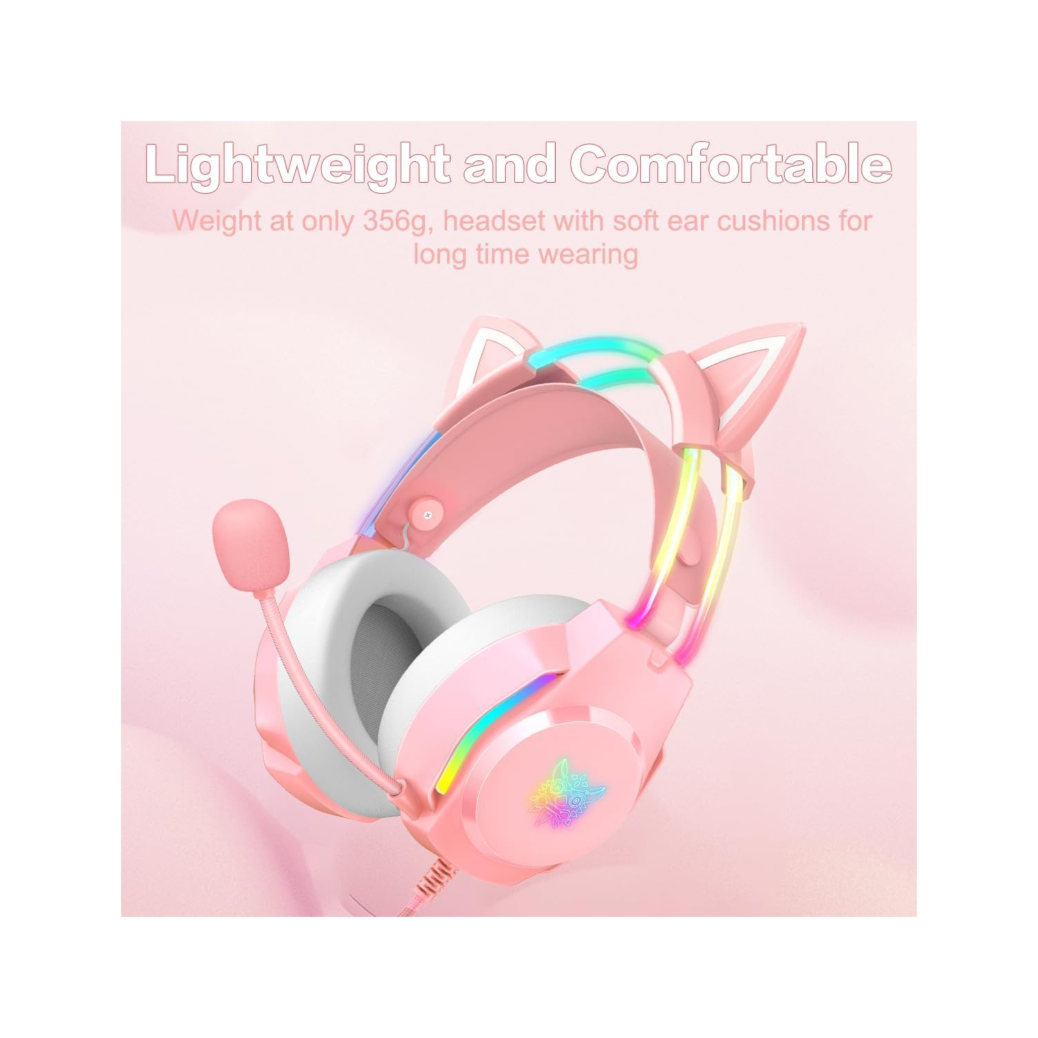 Pink Cat Ear Headphones | Dreamy Gradient RGB Lighting | Memory Foam Earmuffs + Lightweight Design | Plug and Play | Gift Choice