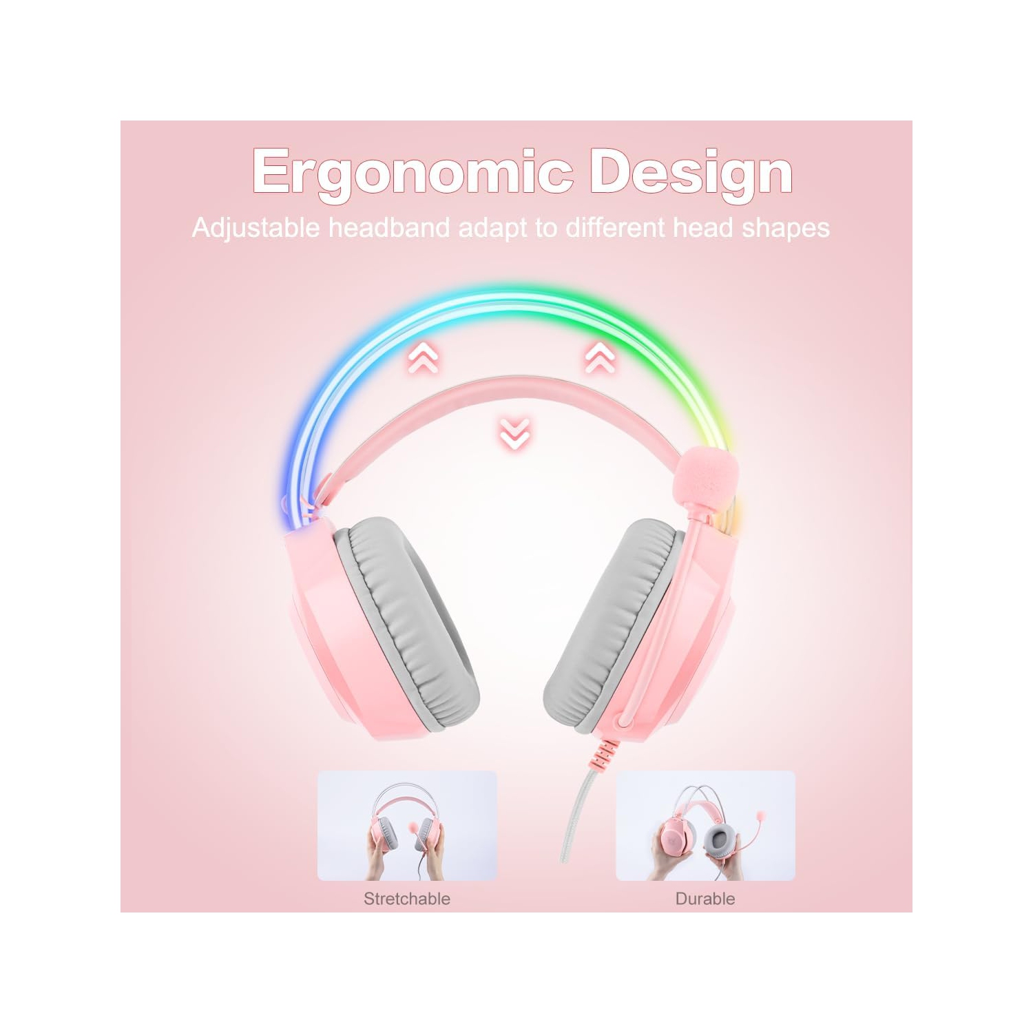 Pink Cat Ear Headphones | Dreamy Gradient RGB Lighting | Memory Foam Earmuffs + Lightweight Design | Plug and Play | Gift Choice