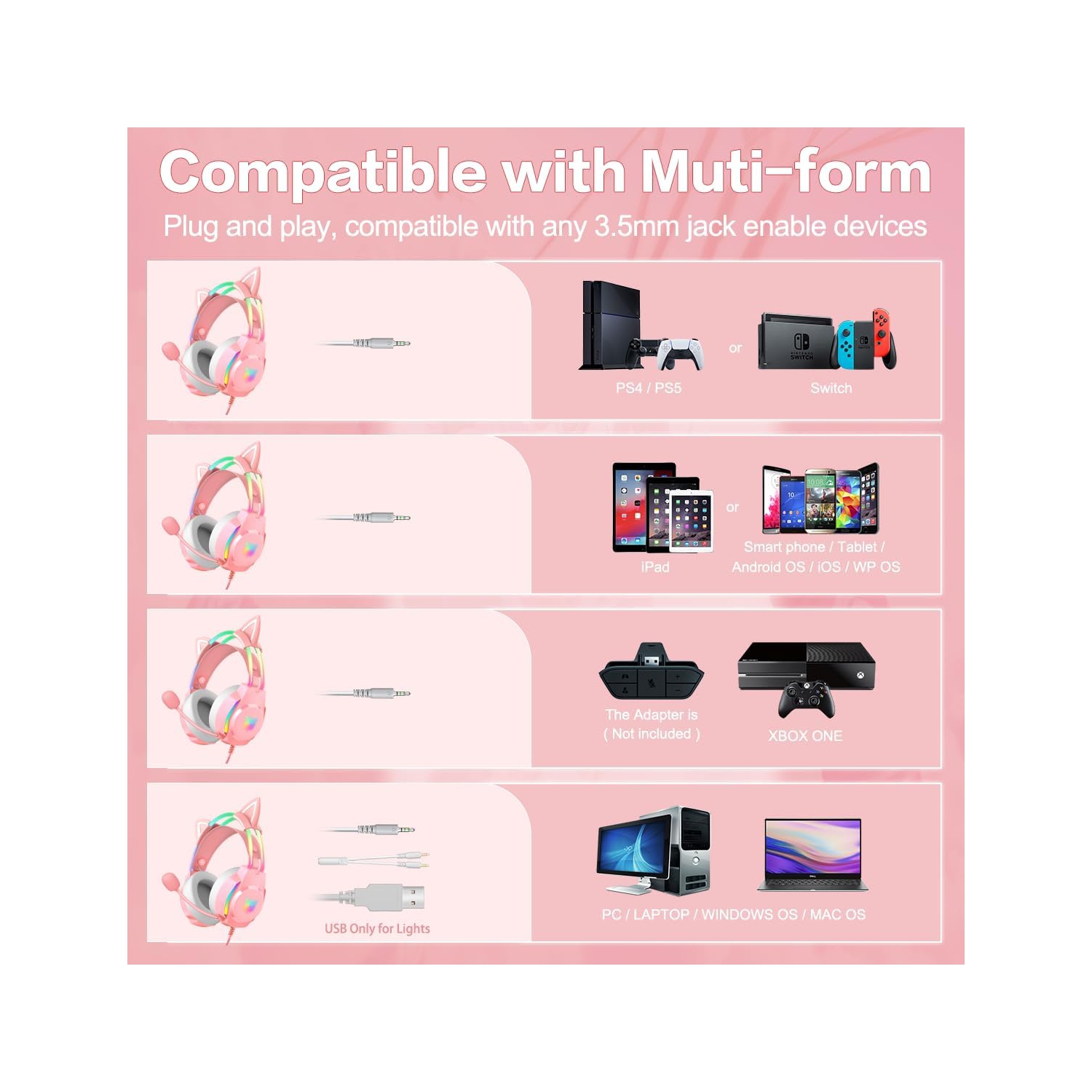 Pink Cat Ear Headphones | Dreamy Gradient RGB Lighting | Memory Foam Earmuffs + Lightweight Design | Plug and Play | Gift Choice