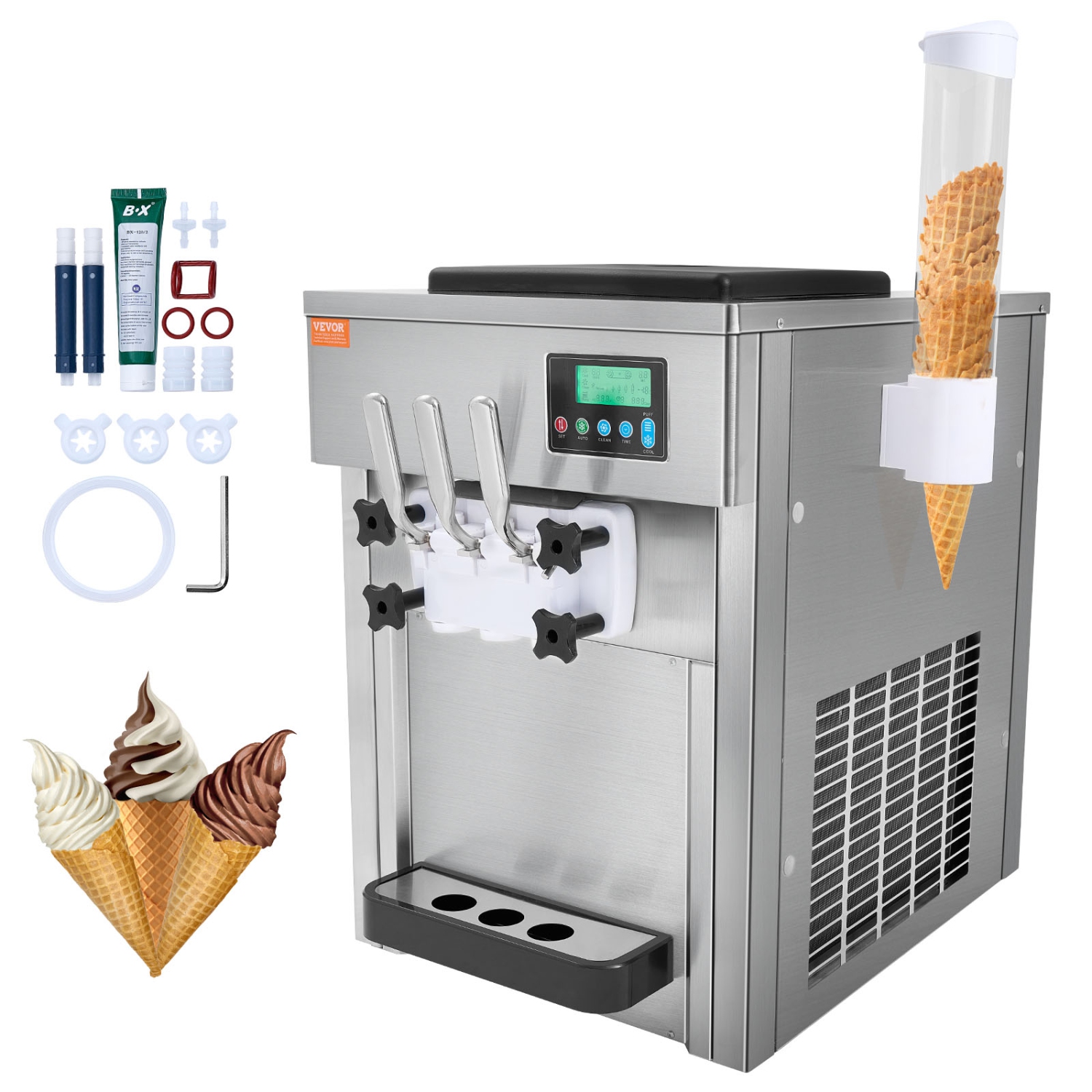 VEVOR 1800W Ice Cream Machine, 21 QT/H Yield, 3-Flavor Countertop Soft Serve Ice Cream Maker,2 x 4L Hopper 2 x 1.8L Cylinder, LCD Panel Clean