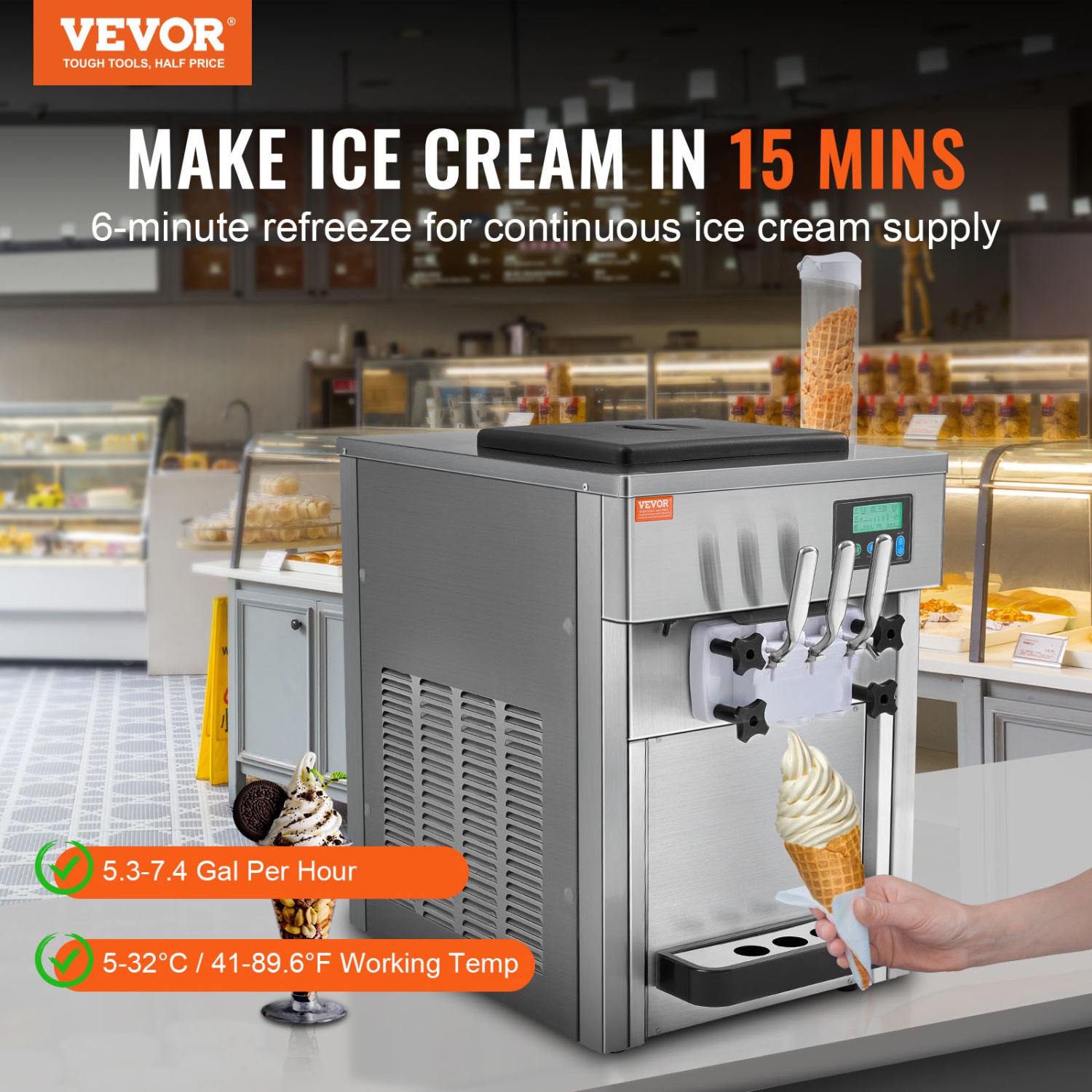 VEVOR 1800W Ice Cream Machine, 21 QT/H Yield, 3-Flavor Countertop Soft Serve Ice Cream Maker,2 x 4L Hopper 2 x 1.8L Cylinder, LCD Panel Clean