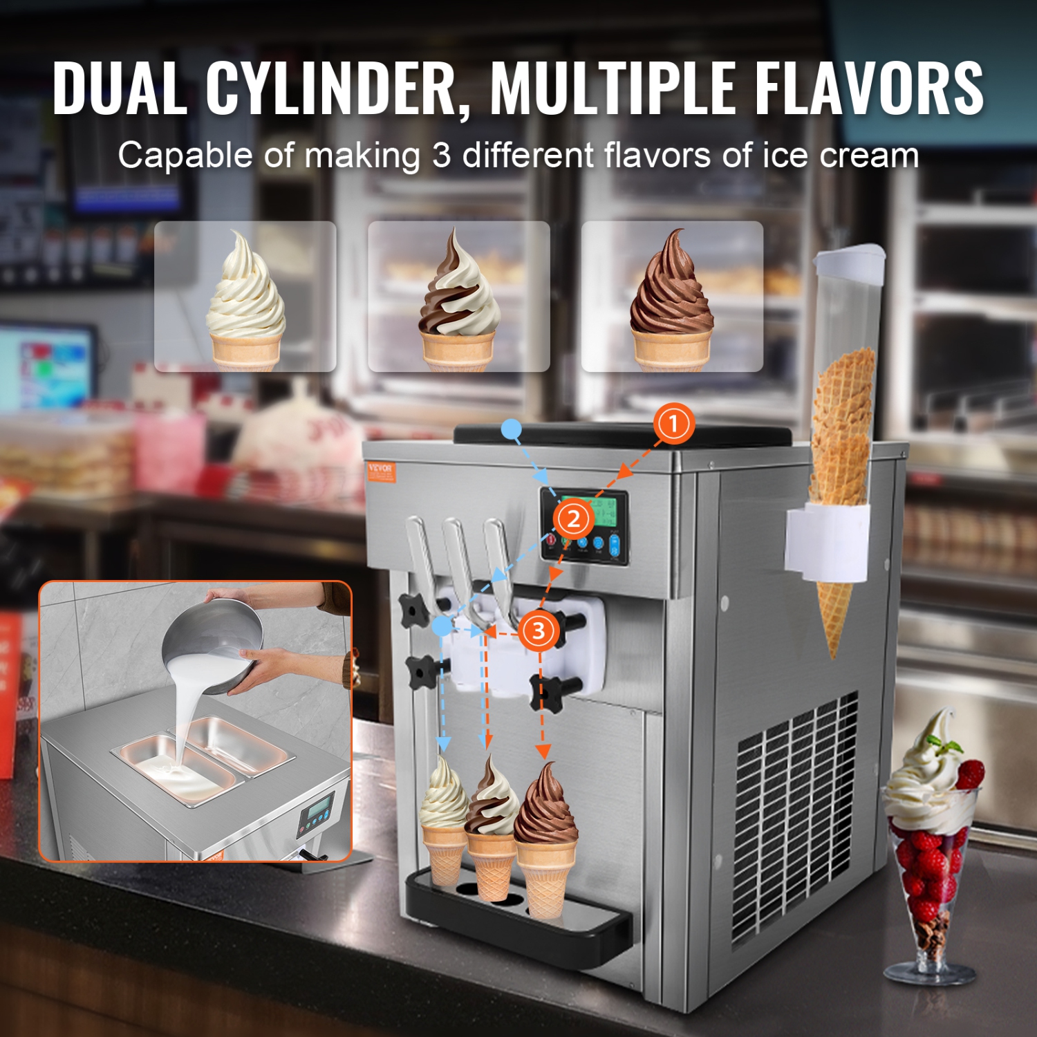 VEVOR 1800W Ice Cream Machine, 21 QT/H Yield, 3-Flavor Countertop Soft Serve Ice Cream Maker,2 x 4L Hopper 2 x 1.8L Cylinder, LCD Panel Clean