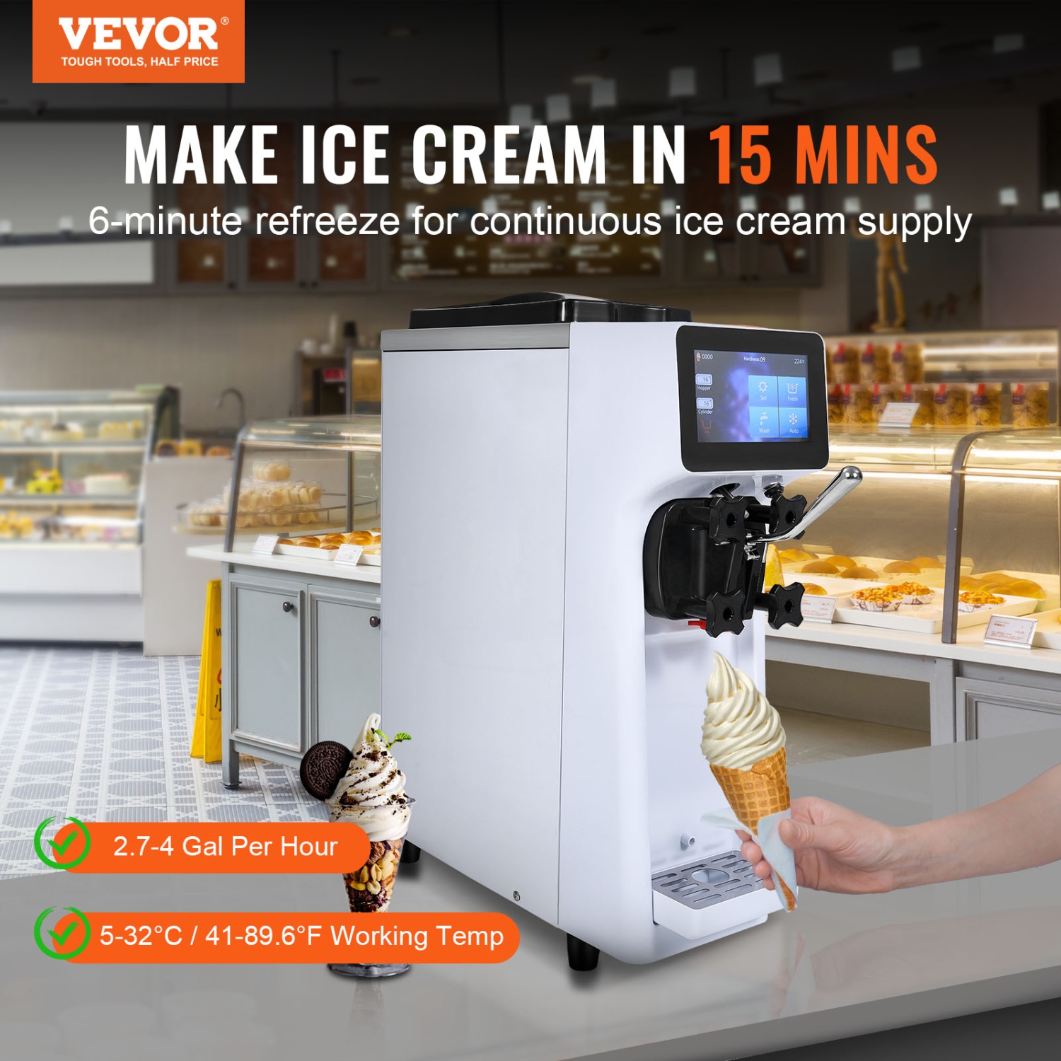 VEVOR 1000W Ice Cream Machine, 10.6 QT/H Yield, Flavor Countertop Serve Ice Cream Maker, 4L Hopper 1.6L Cylinder, Touch Screen Auto Clean