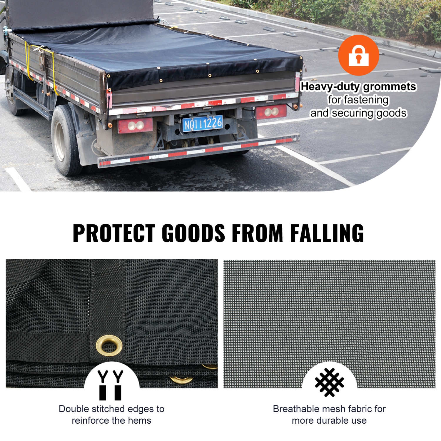 VEVOR 6 x 14 ft Dump Truck Mesh Tarp, PVC Coated Black Heavy Duty Cover with 5.5" 18oz Double Pocket, Reinforced Double Needle Stitch Webbing Fits