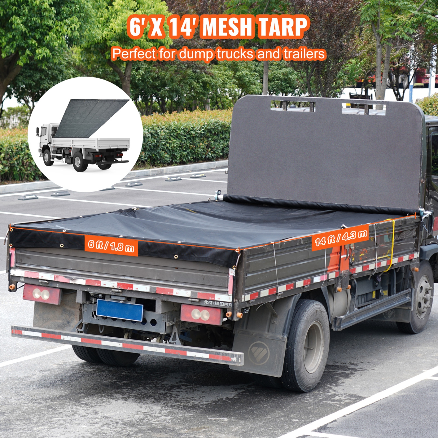 VEVOR 6 x 14 ft Dump Truck Mesh Tarp, PVC Coated Black Heavy Duty Cover with 5.5" 18oz Double Pocket, Reinforced Double Needle Stitch Webbing Fits