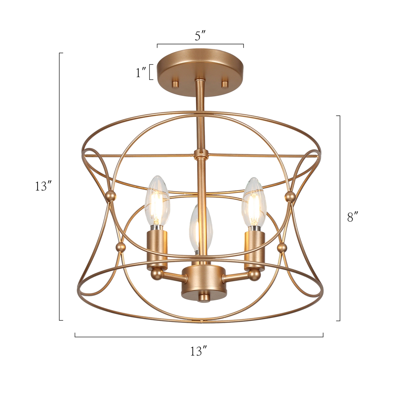 3-light gold drum semi-flush mount light