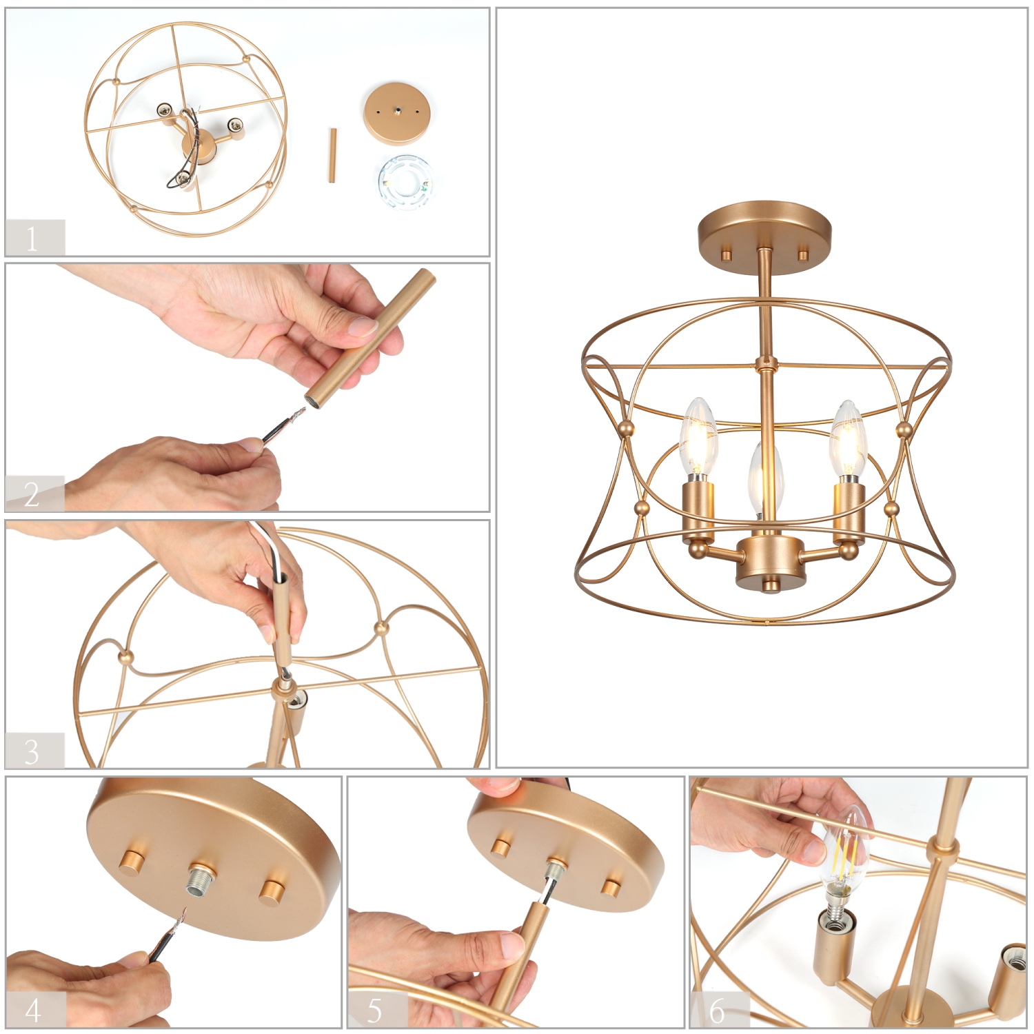 3-light gold drum semi-flush mount light