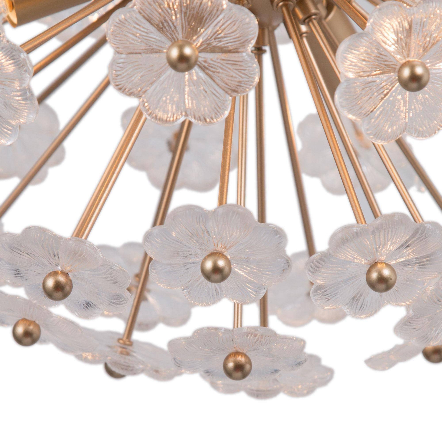 lustre à globe doré à 6 lumières avec fleurs en verre