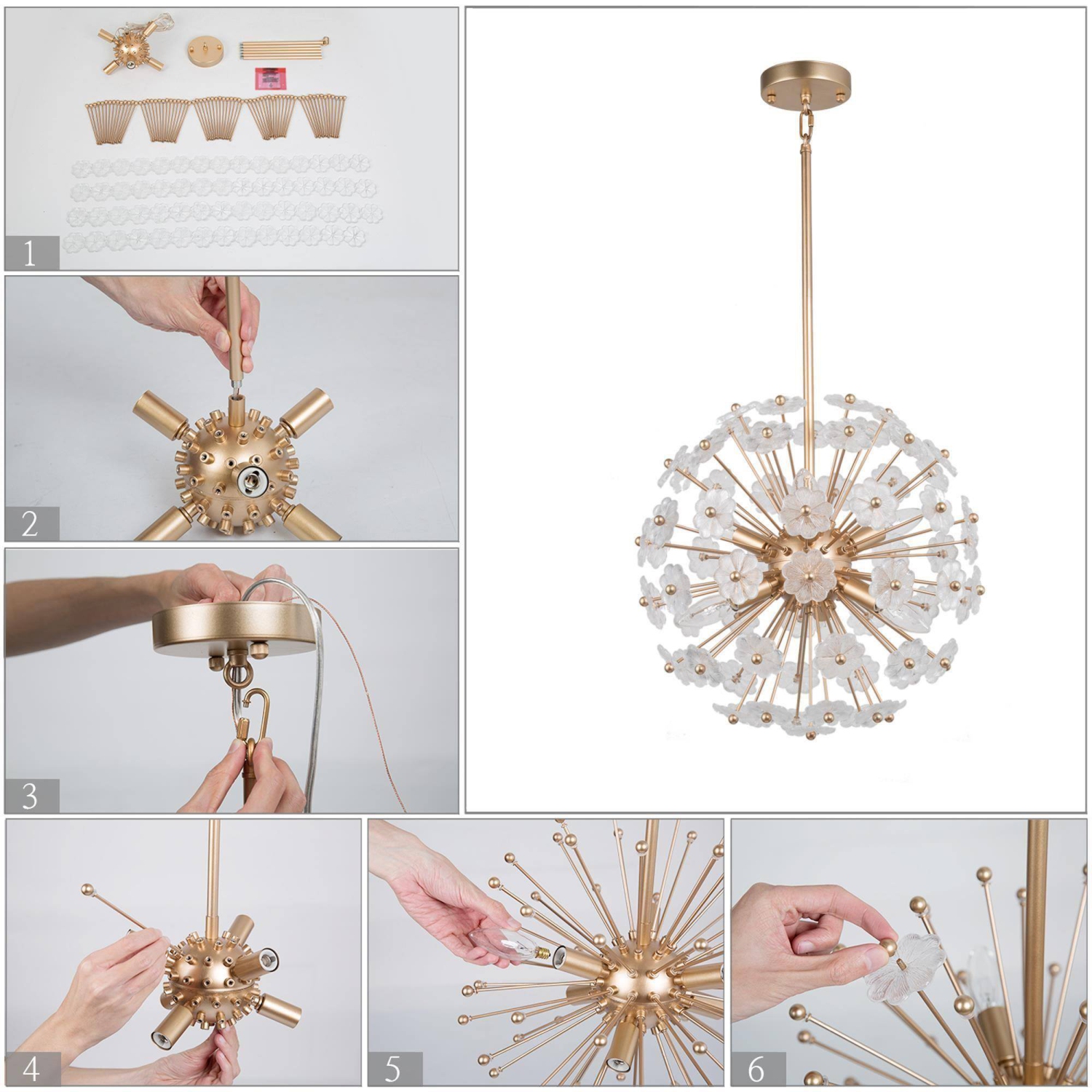 lustre à globe doré à 6 lumières avec fleurs en verre