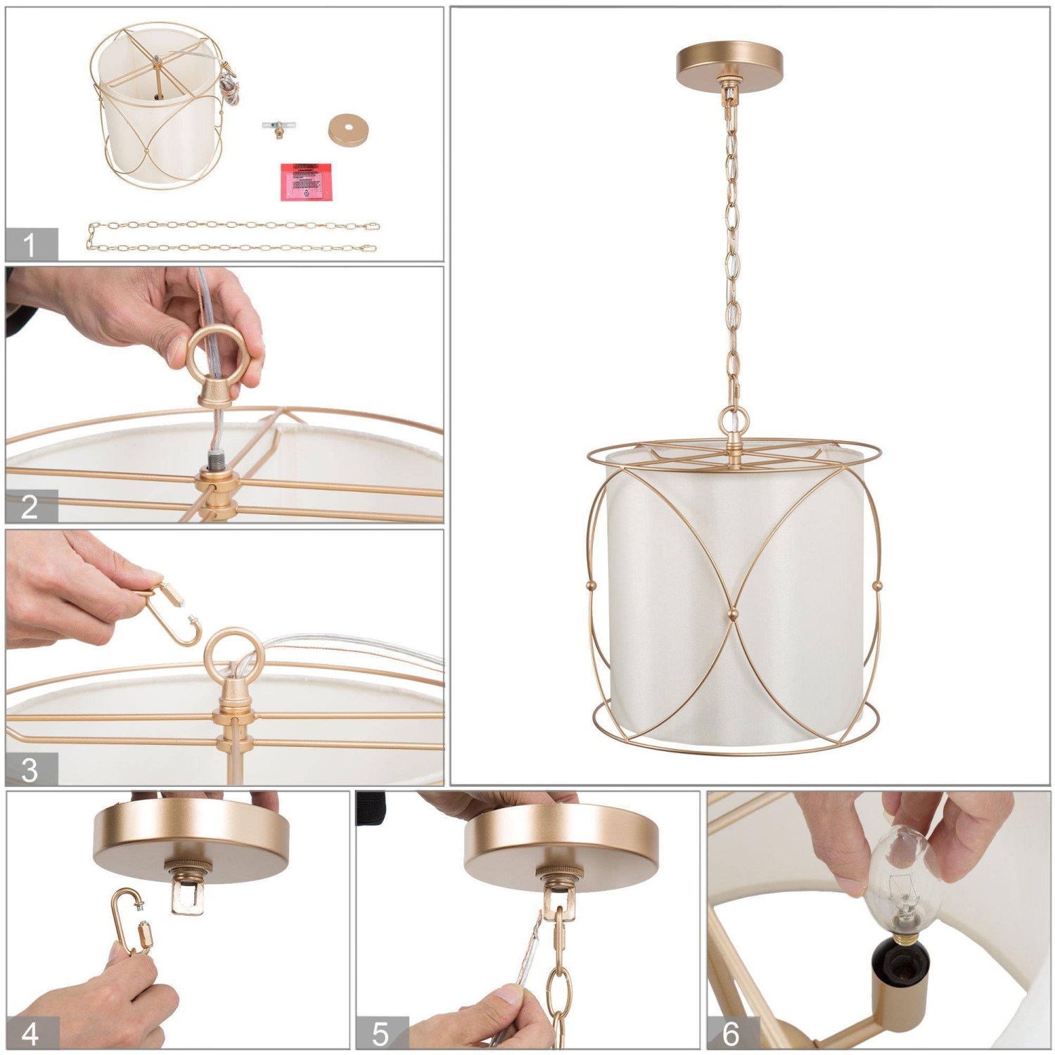 3-light gold drum chandelier with white fabric shade