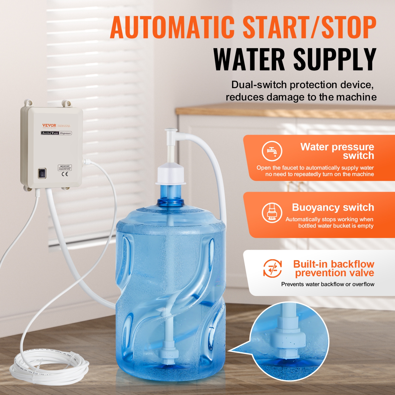 VEVOR Water Pump System for 5 Gallon Bottles, Automatic Electric Dispenser, Single Inlet, Suitable for Coffee/Tea Appliances, Fridges, Ice Machines