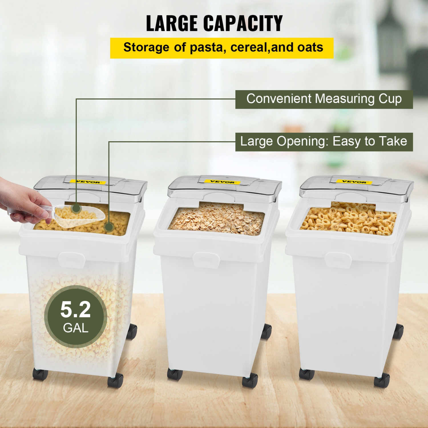 VEVOR Rice Storage Container, 6.6Gallon/25L x3 Capacity Large Dog Food Dispenser Bin, Kitchen Grain Cereal Bin, Pet food Containers with Wheels, 3