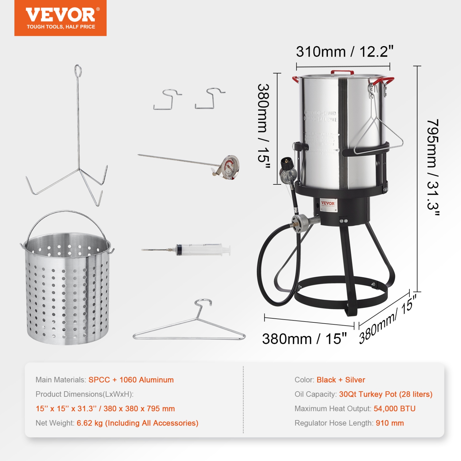 VEVOR 30-qt Turkey Deep Fryer, Turkey Fryer Boiler Steamer Cooker Set, Outdoor Aluminum Frying Pot, 54,000 BTU Burner Propane Gas Boiler, Includes
