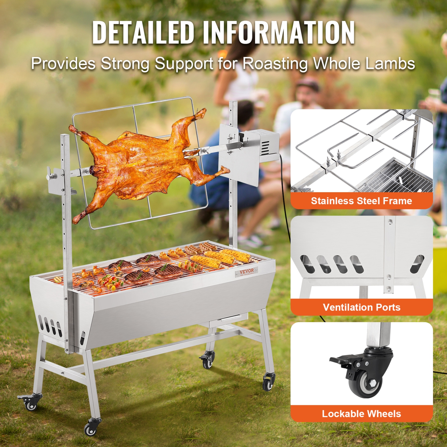 VEVOR Upgrade Rotisserie Grill, 35 Inch 90 Lbs Capacity, BBQ Whole Pig Lamb Goat Charcoal Spit Grill, Electric 42W Motor Stainless Steel Rotisserie