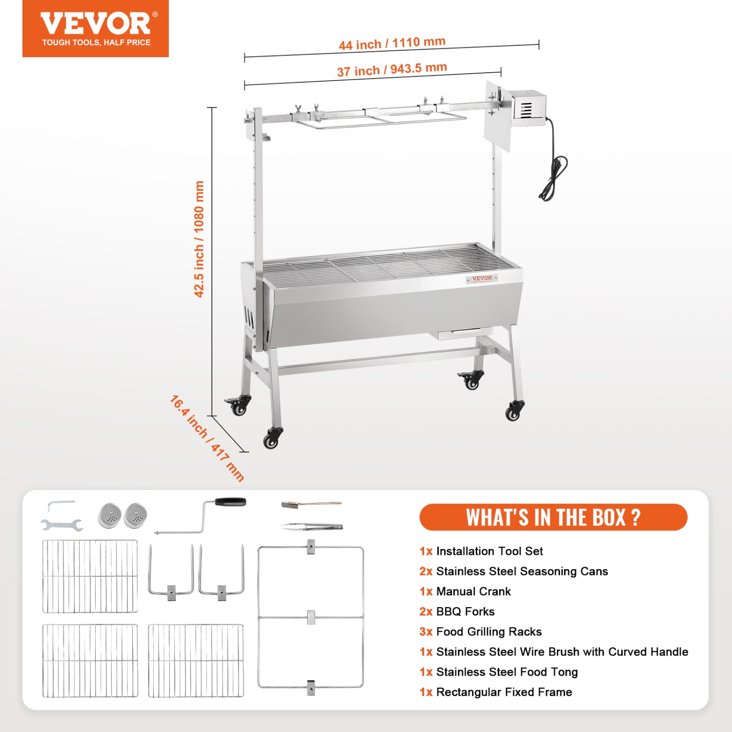 VEVOR Upgrade Rotisserie Grill, 35 Inch 90 Lbs Capacity, BBQ Whole Pig Lamb Goat Charcoal Spit Grill, Electric 42W Motor Stainless Steel Rotisserie