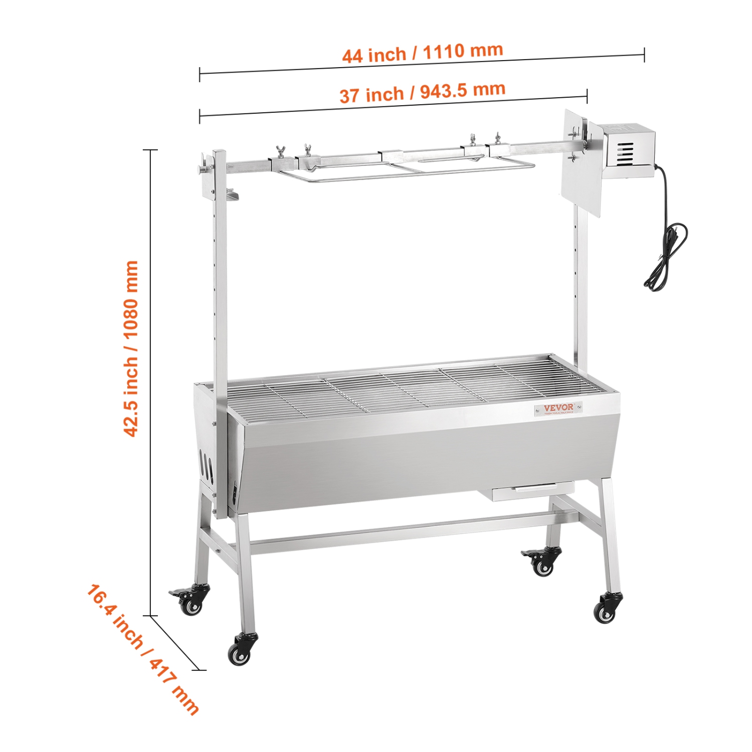 VEVOR Upgrade Rotisserie Grill, 35 Inch 90 Lbs Capacity, BBQ Whole Pig Lamb Goat Charcoal Spit Grill, Electric 42W Motor Stainless Steel Rotisserie