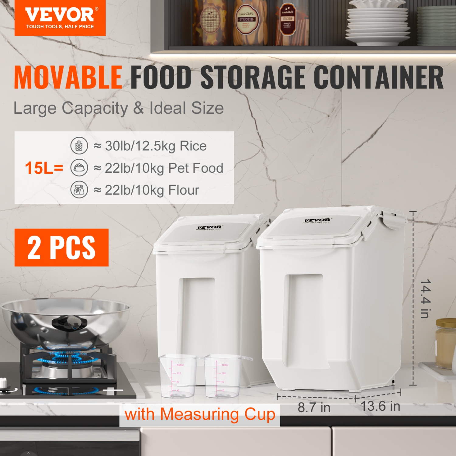 VEVOR Ingredient Storage Bin, 2 x 15L Dispenser Bin with 2 Measuring Cups, Attachable Casters and Airtight Lid, 2 Pcs/Set Pet Food Storage Container,