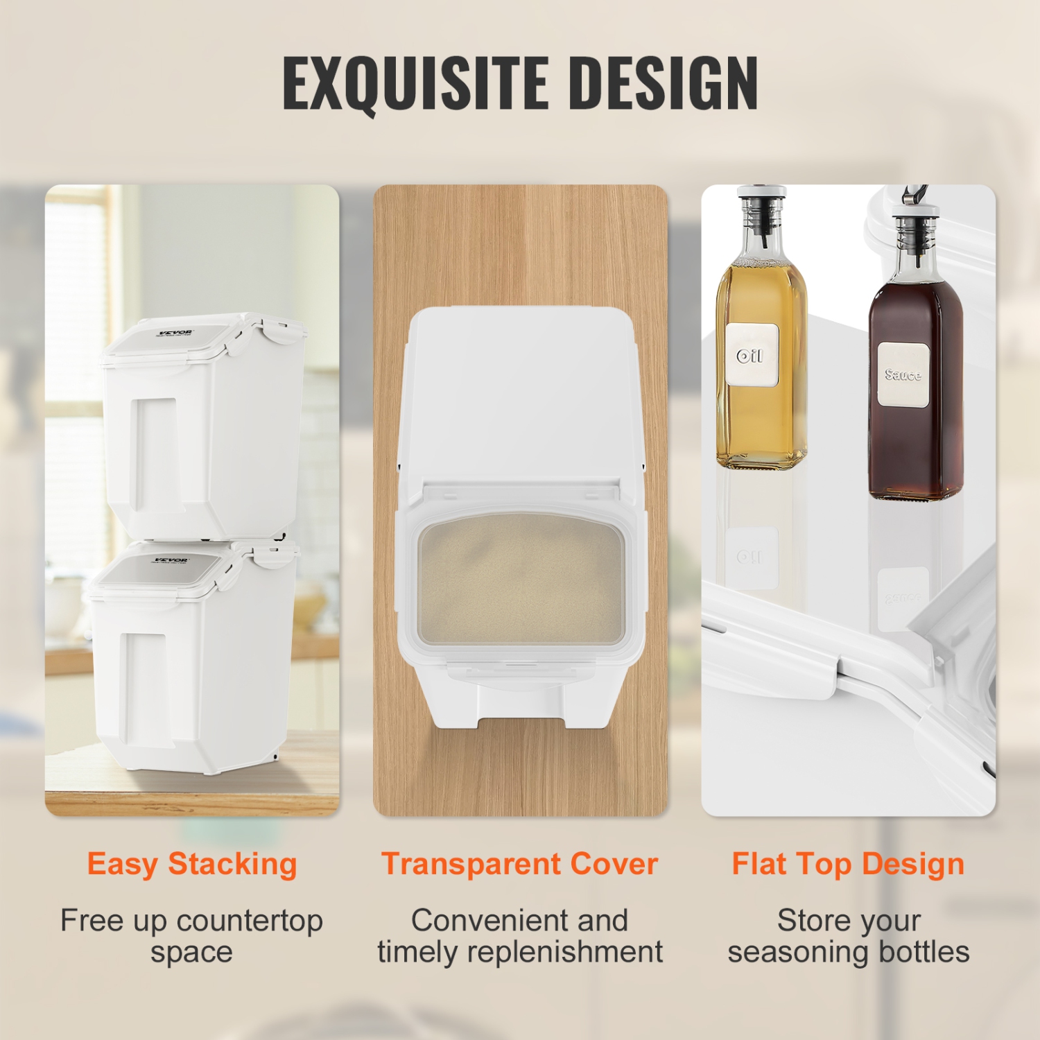 VEVOR Ingredient Storage Bin, 2 x 15L Dispenser Bin with 2 Measuring Cups, Attachable Casters and Airtight Lid, 2 Pcs/Set Pet Food Storage Container,