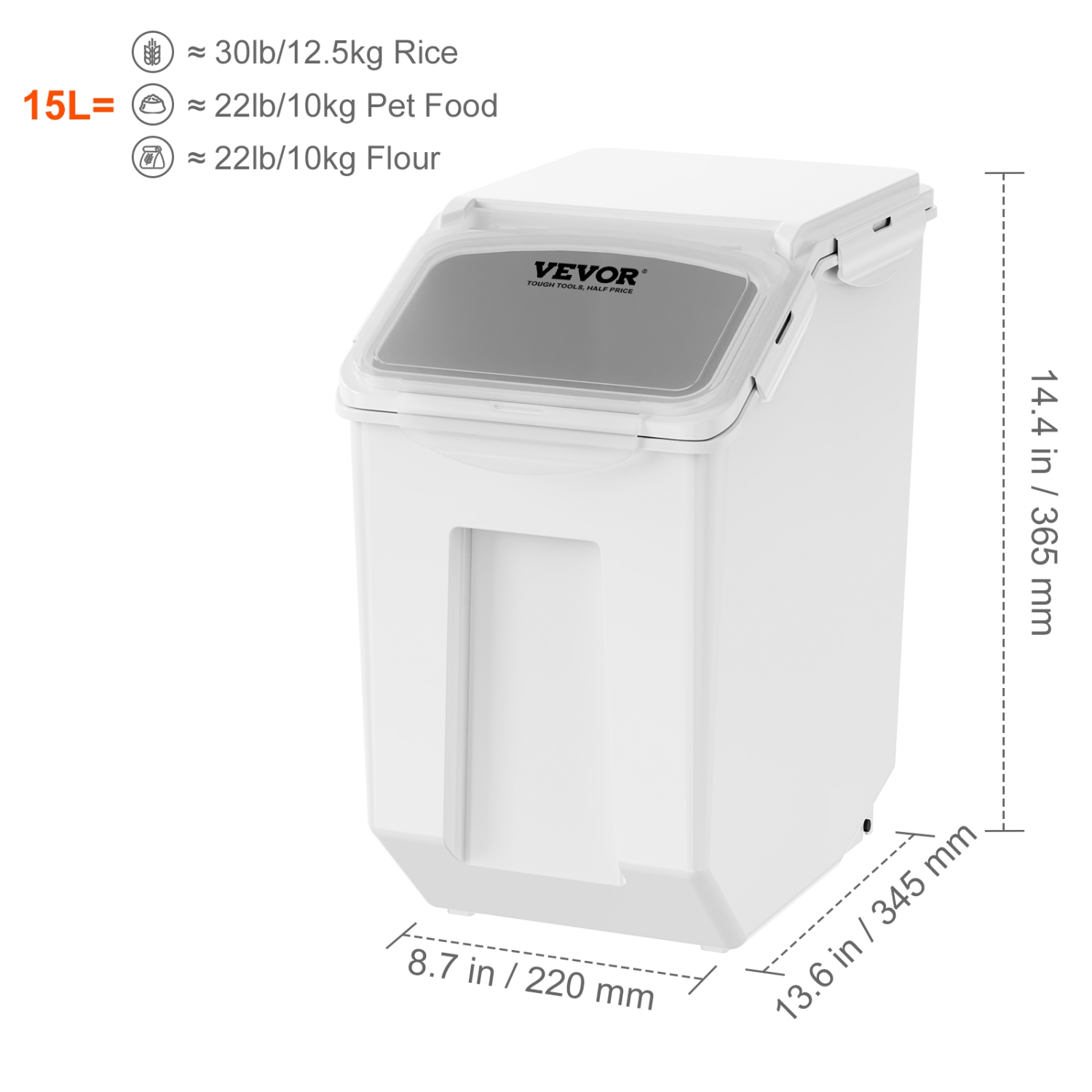 VEVOR Ingredient Storage Bin, 2 x 15L Dispenser Bin with 2 Measuring Cups, Attachable Casters and Airtight Lid, 2 Pcs/Set Pet Food Storage Container,