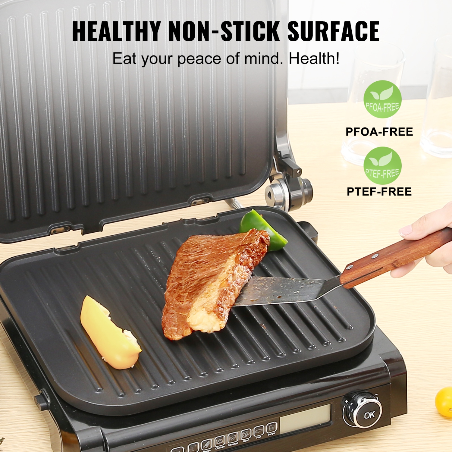 VEVOR 7 IN 1 Commercial Electric Griddle, 14.4" 1800W Indoor Countertop Grill, Stainless Steel Teppanyaki Grill with Non Stick Iron Plate, 0-446℉