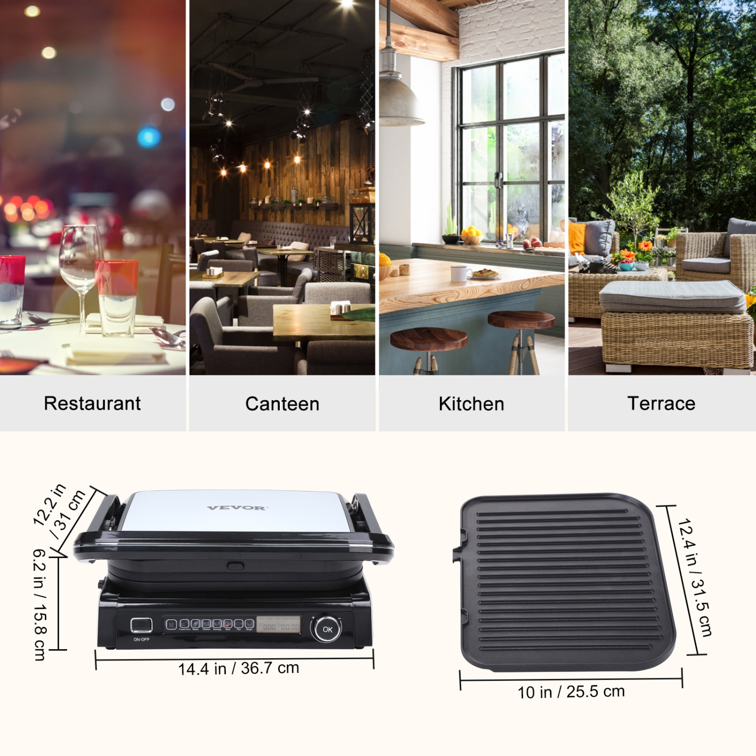 VEVOR 7 IN 1 Commercial Electric Griddle, 14.4" 1800W Indoor Countertop Grill, Stainless Steel Teppanyaki Grill with Non Stick Iron Plate, 0-446℉